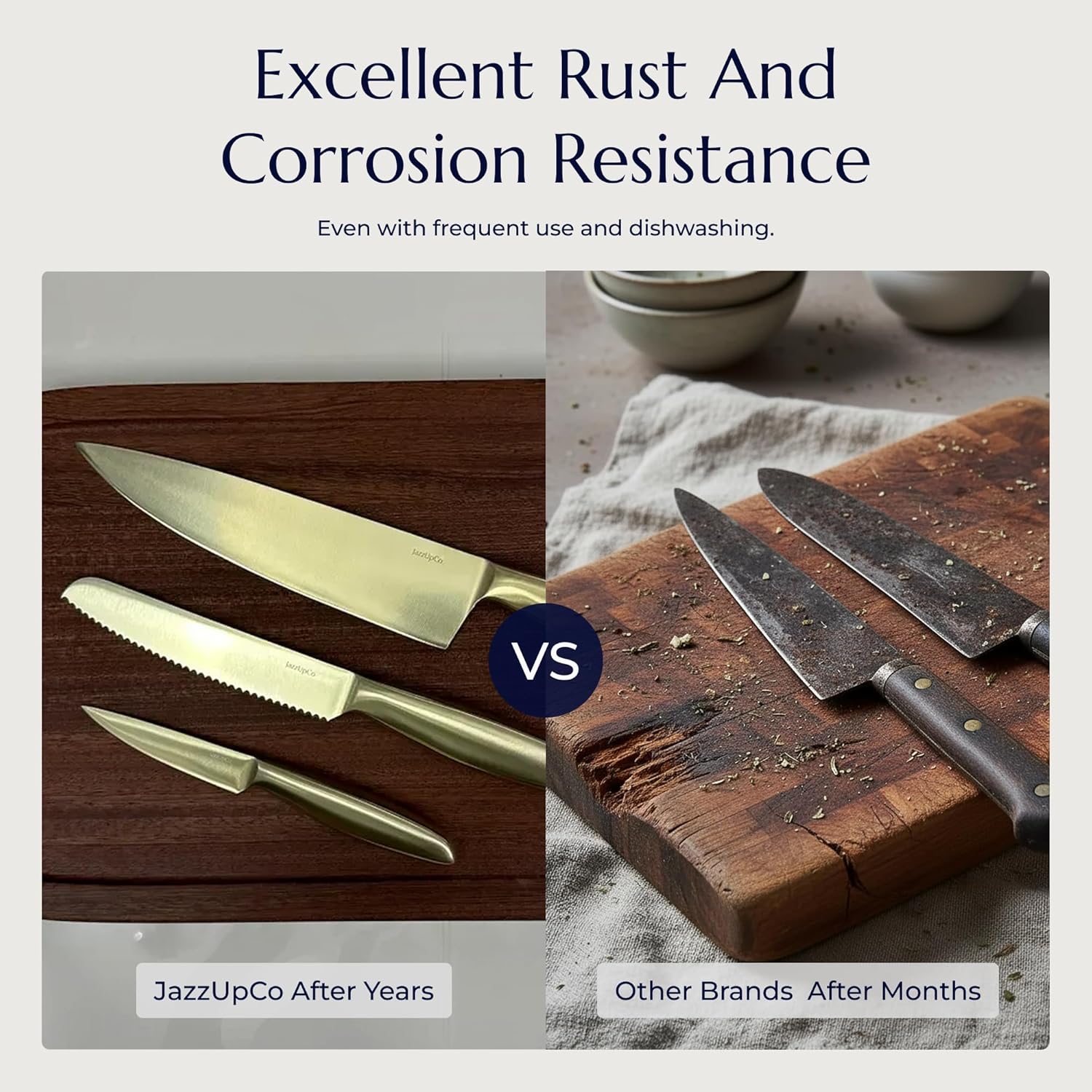 JazzUpCo German Stainless Steel Kitchen Knife Set with Stand and Acacia Cutting Board, Dishwasher Safe, Precision-Sharpened Blades (Natural Acacia Cutting Board)