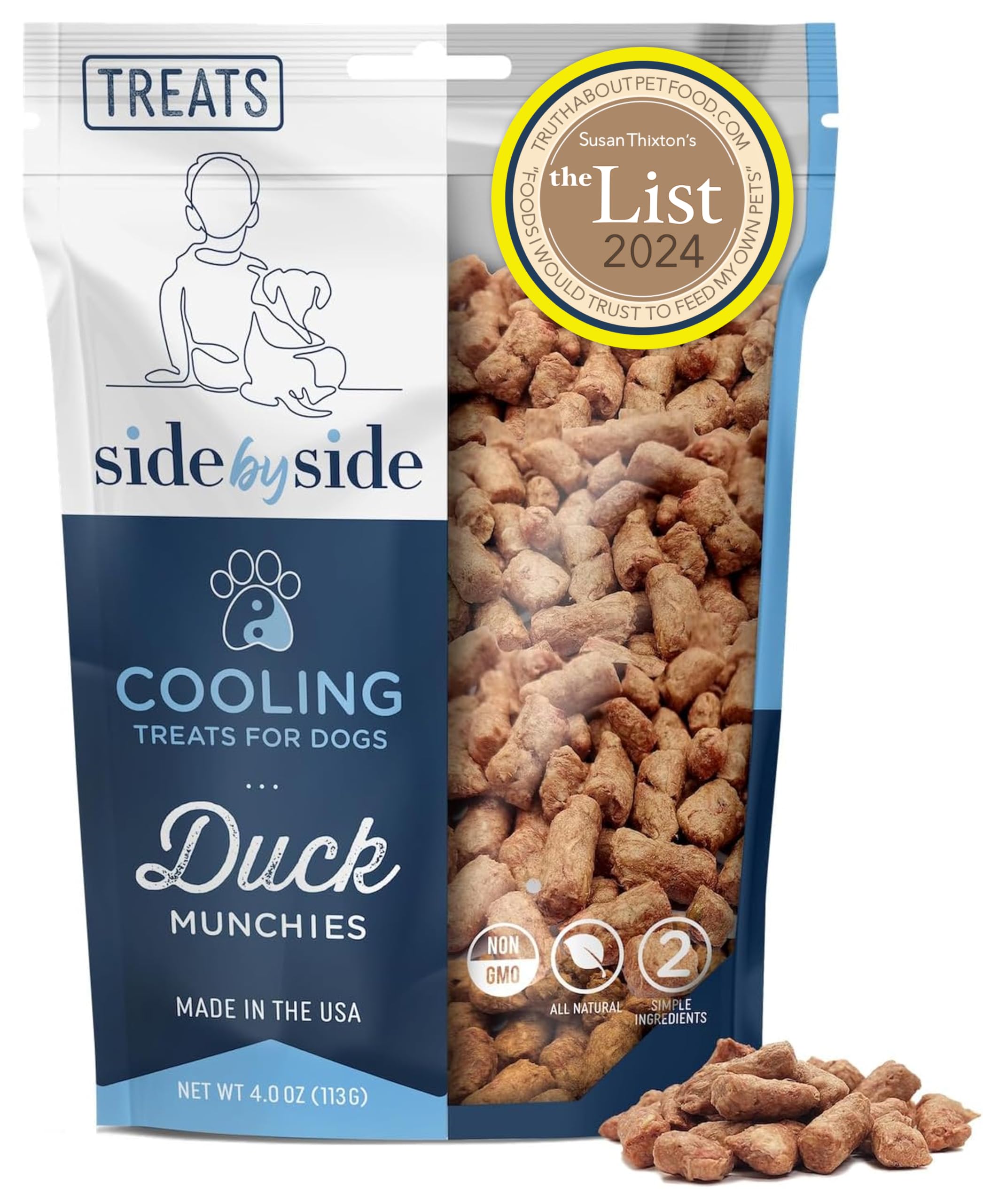 Side by Side Duck Munchies, Freeze-Dried, Crunchy Cooling Dog Treats, Ideal as Dog Training Snacks, Made of Whole Foods, Free of Artificial Additives, 4 oz, Pack of 2
