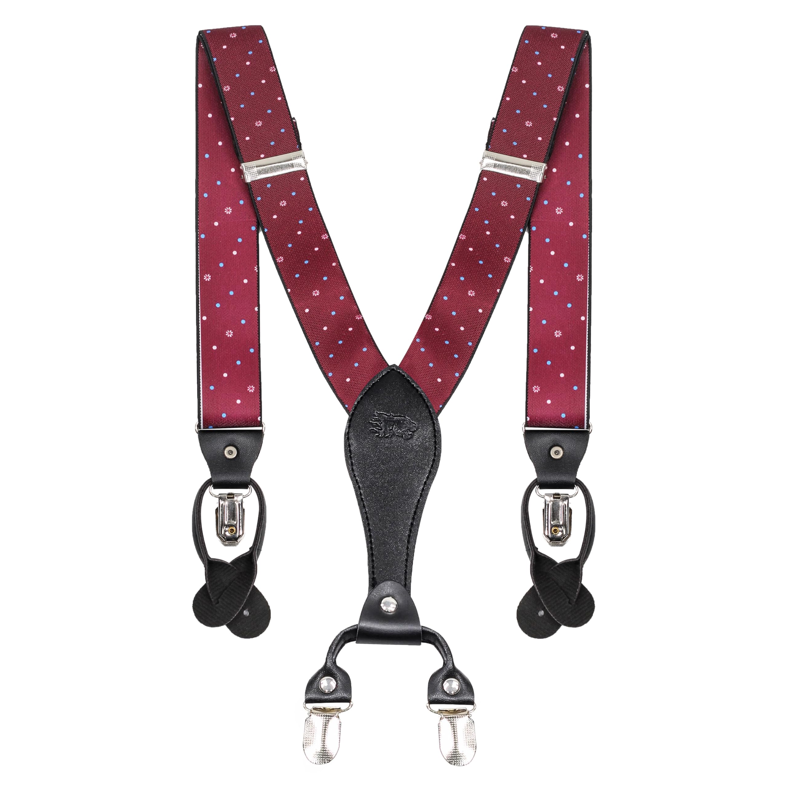Xposed Mens Floral Paisley Combination Suspenders 2 in 1 Metal Clip Button Loop Adjustable Stretch Braces [SUSPENDERS-MAROON-PRINT]