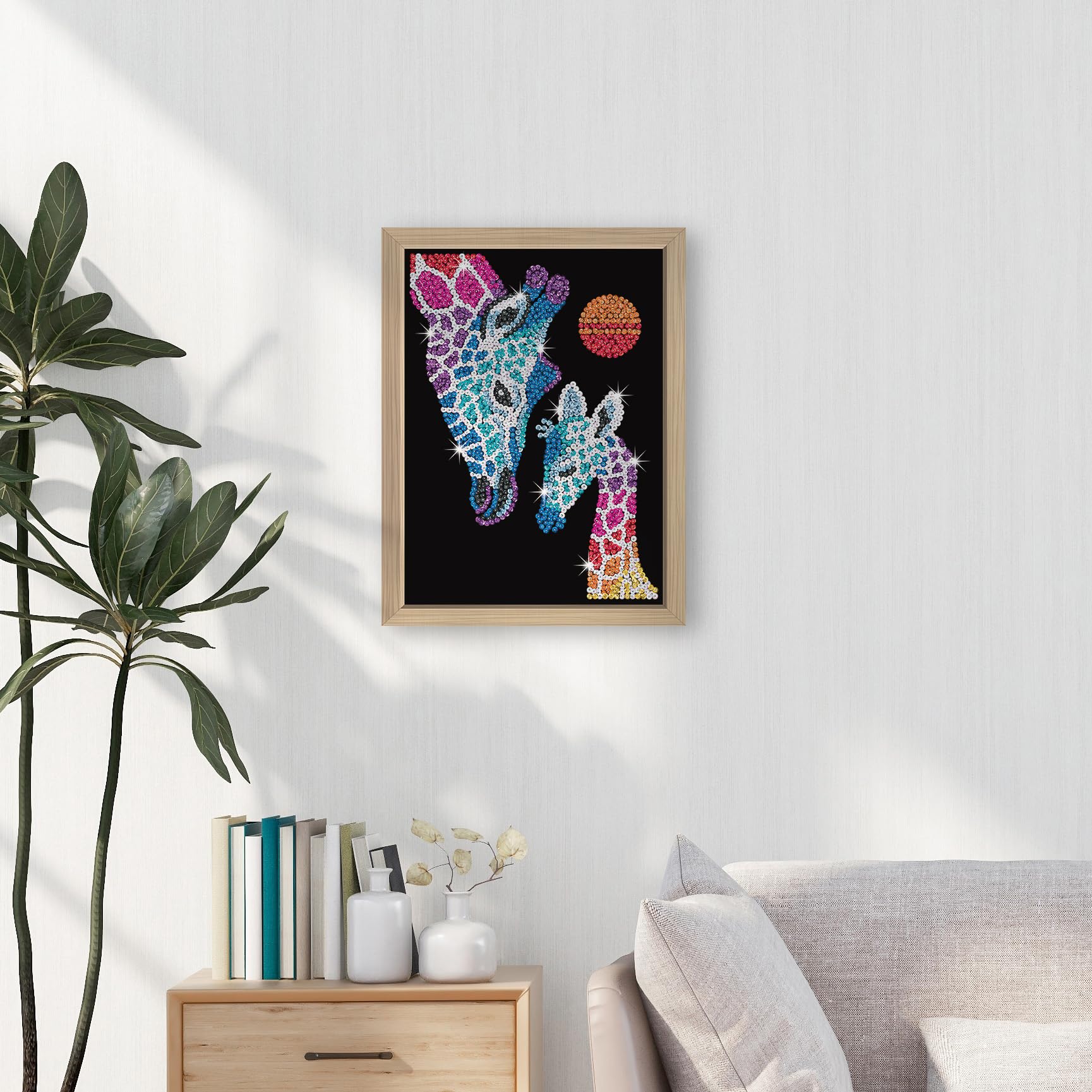 Kitfix - Sequin Art Giraffe & Kalb mit Holzrahmen - 27 x 36cm - Sequin Art Blue Premium - Paillettenbild - Bastelset für Jugendliche, Erwachsene und Kinder 8+ - 2218