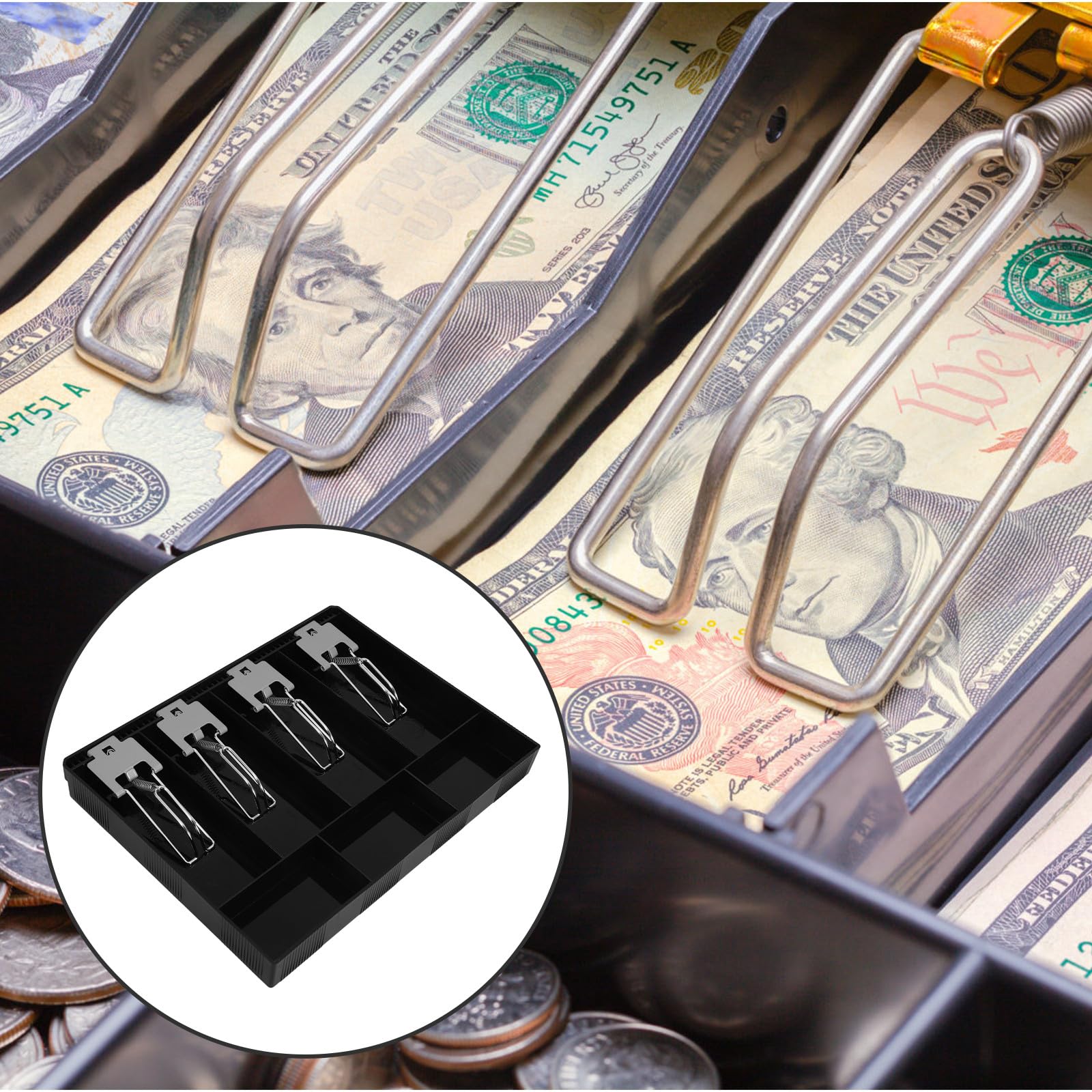 Bandeja Caja Registradora 4 Compartimentos Organizador de Caja Clip Metálico Accesorio para Cajón Bandeja para Monedas y Billetes Uso Comercial y Minorista