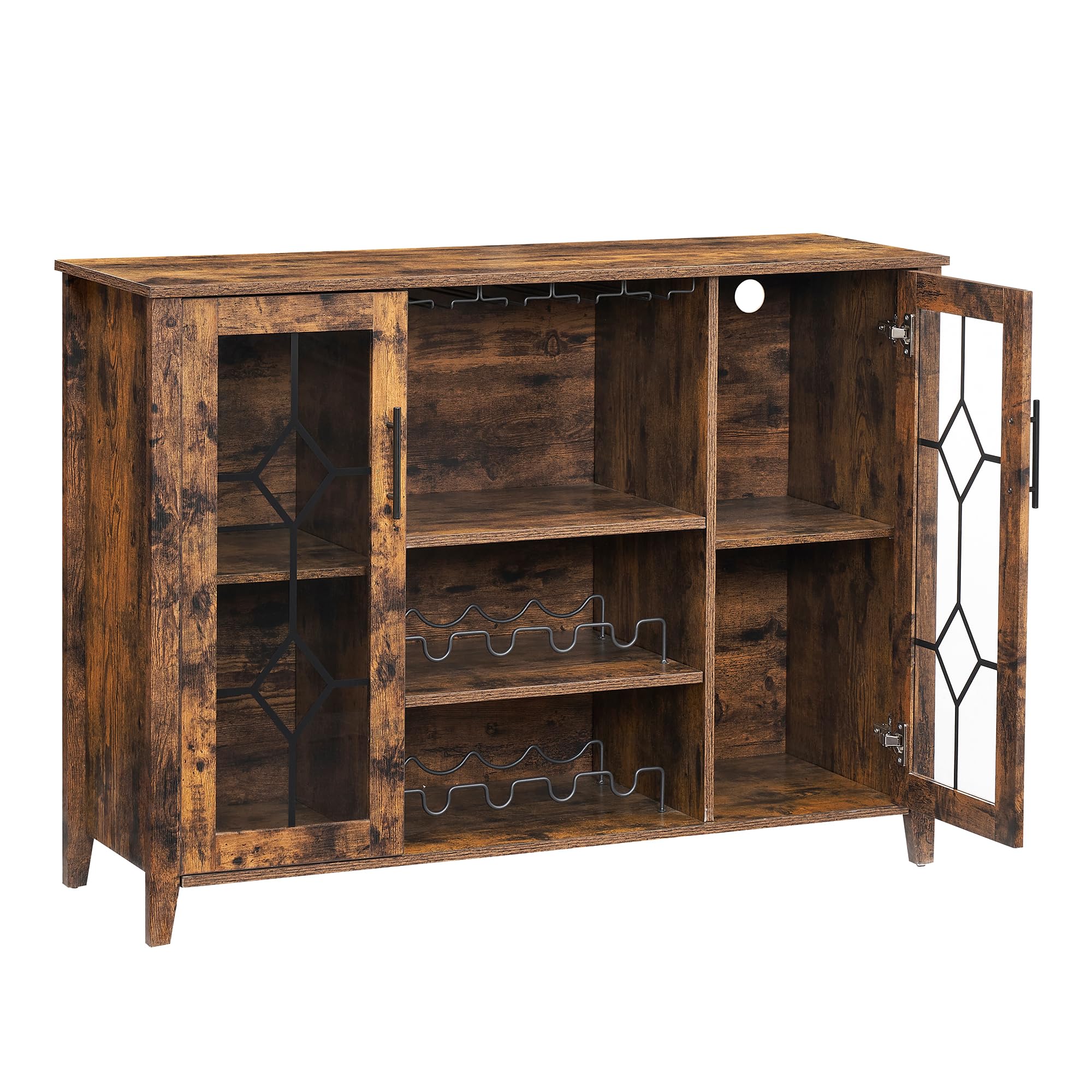 Farmhouse wine bar cabinet with glass doors, internal blue LED lighting, wine bottles, and hanging glasses.