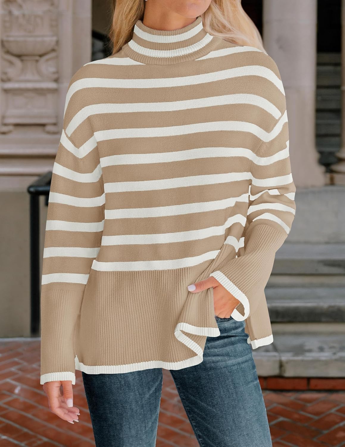 ZESICA Women's Winter Sweaters Casual Turtleneck Long Sleeve Striped Side Slit Loose Pullover Sweater Jumper Tops - Image 2