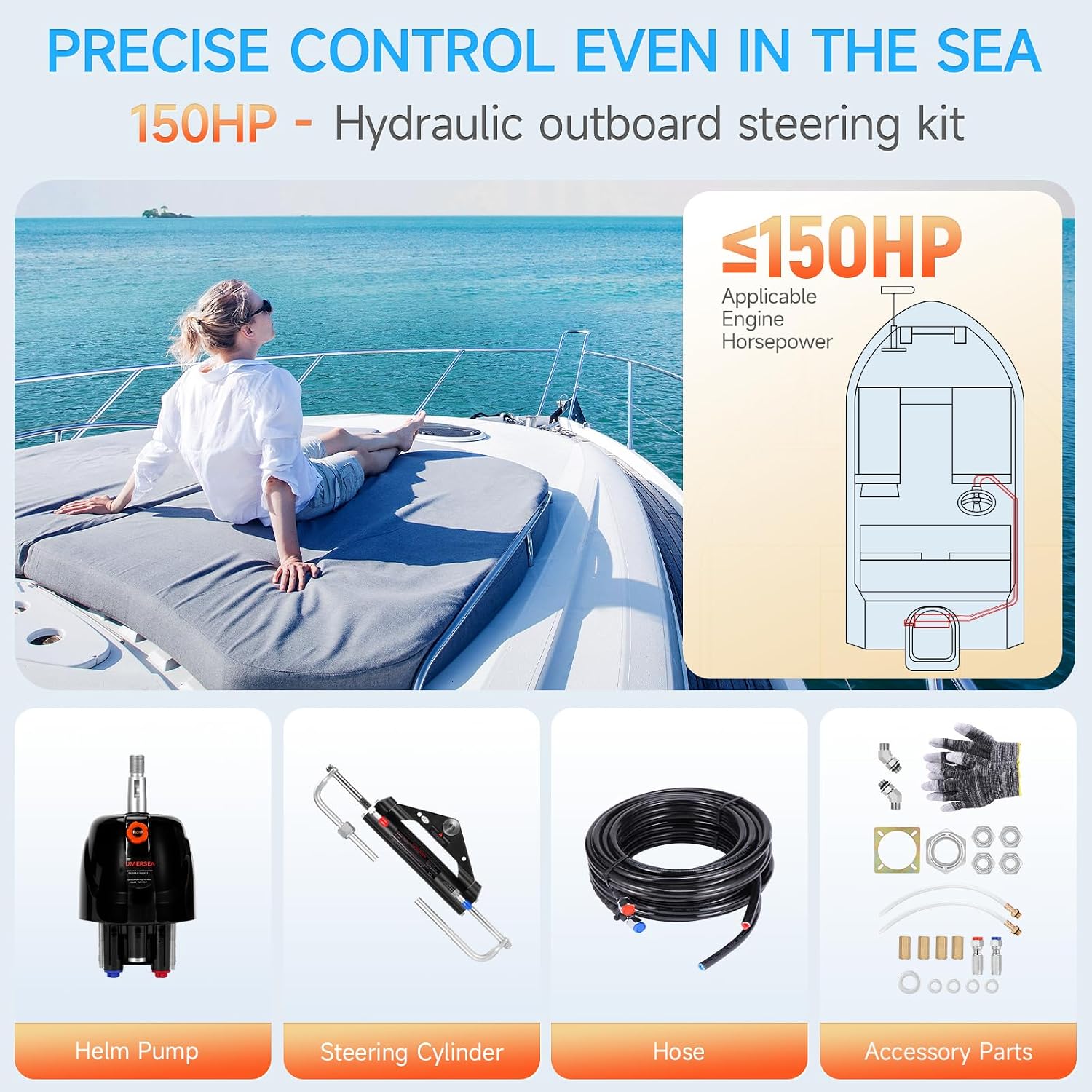 150HP Outboard Hydraulic Steering Kit, Hydraulic Steering System Consists of a Hydraulic Cylinder, a Steering Pump, Hydraulic Hoses and Installation Accessories,Suitable for Outboard Motors