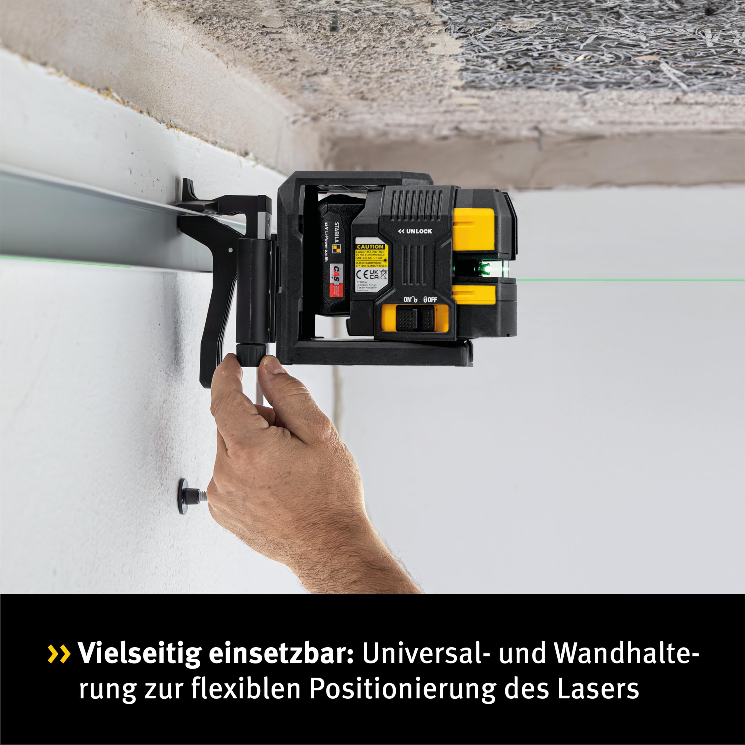 STABILA LAX 500G Cross Line Laser Green 12V Sistema autonivelante con puntos de plomada Alcance máximo 40m Batería CAS y cargador CAS (EU), base láser, montaje en pared, placa objetivo, estuche de