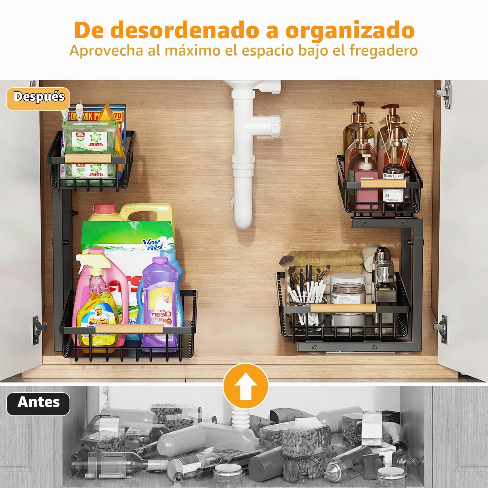 Organizador Bajo Fregadero 2 Niveles con Cajones Deslizantes 42.5cm Altura Regulable Estante Almacenamiento Debajo Fregadero Organizador Cocina Multifuncional Forma de L para Cocina, Baño