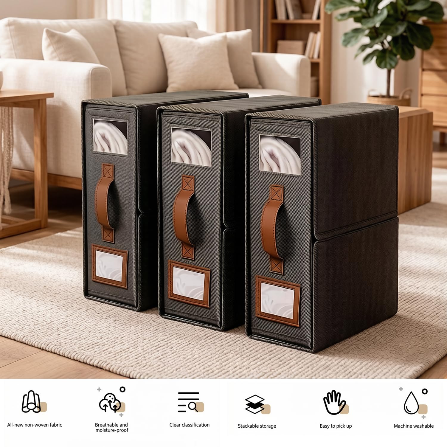 Organizzatore per Armadio, Set da 6 Scatole Tessuto Non Tessuto con Finestra Trasparente, Cerniera, Maniglia ed Etichetta, per Organizzazione di Lenzuola, Copripiumini, Vestiti e Coperte, Grigio