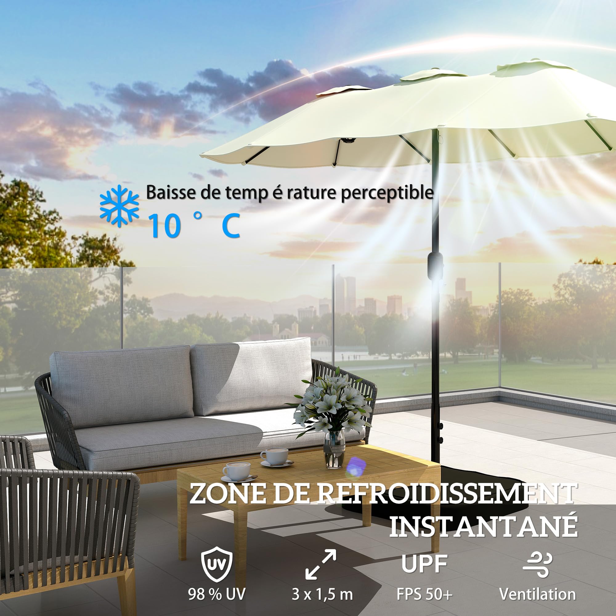 Outsunny Parasol de Jardin Extérieur Double Face 300x150cm avec Base Beige