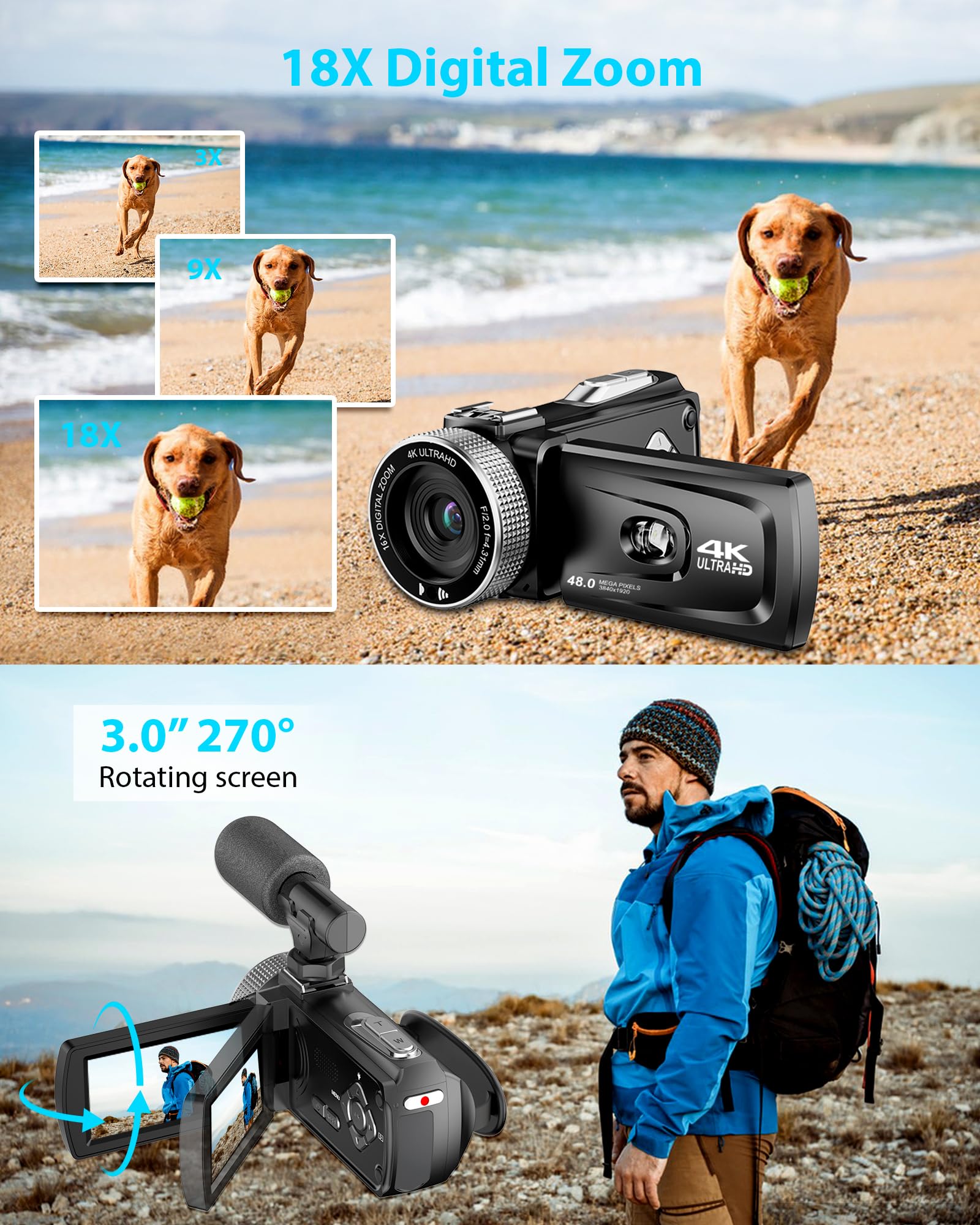 Videocámara 4K Cámara Video 48 MP, Cámara Vlog para Youtube, Zoom Digital de 18X, Pantalla IPSde 3" y 270°, Luz LED de Relleno, Cámara de Video para Micrófono, 2 Baterías, Tarjeta de 32 GB