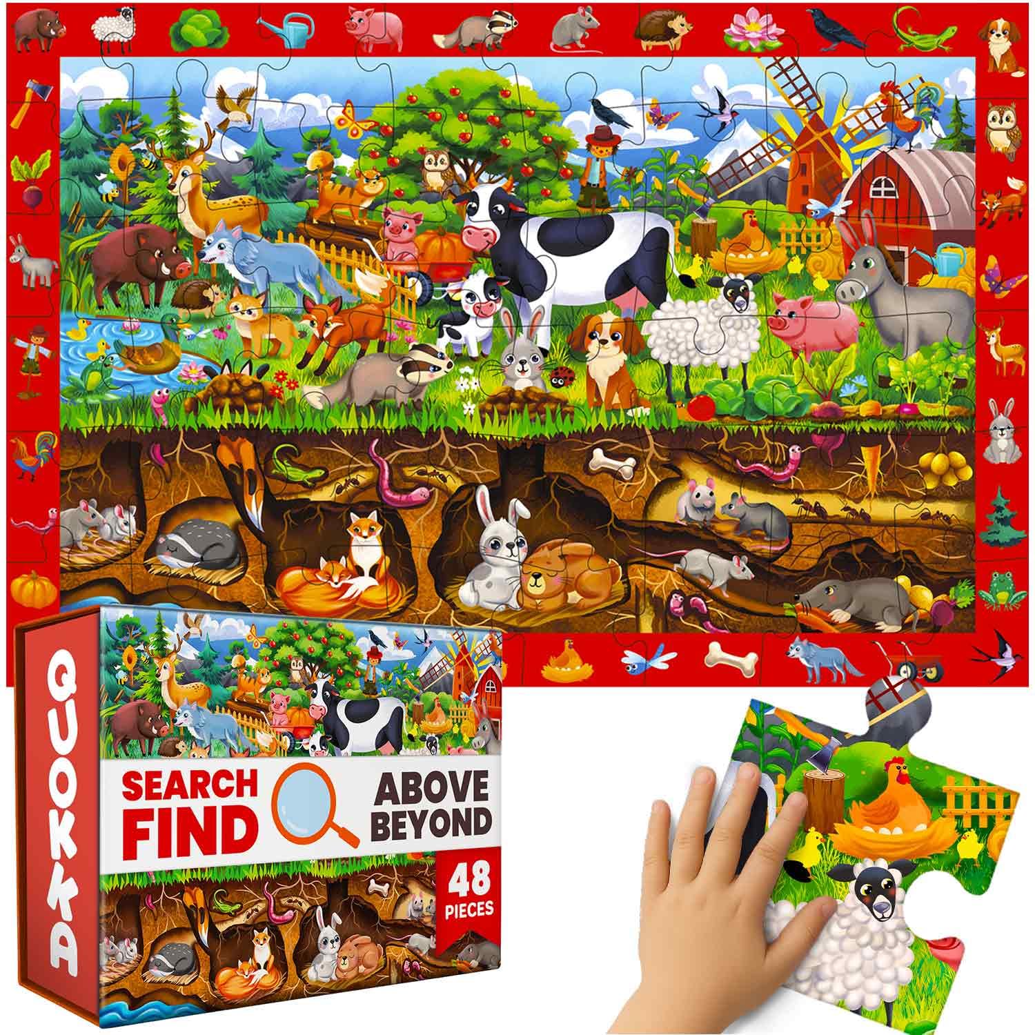 QUOKKA Floor Puzzles For 3 4 Year Olds, 60x90 cm 48 pc Giant Search and Find Jigsaws For Children Age 4 5