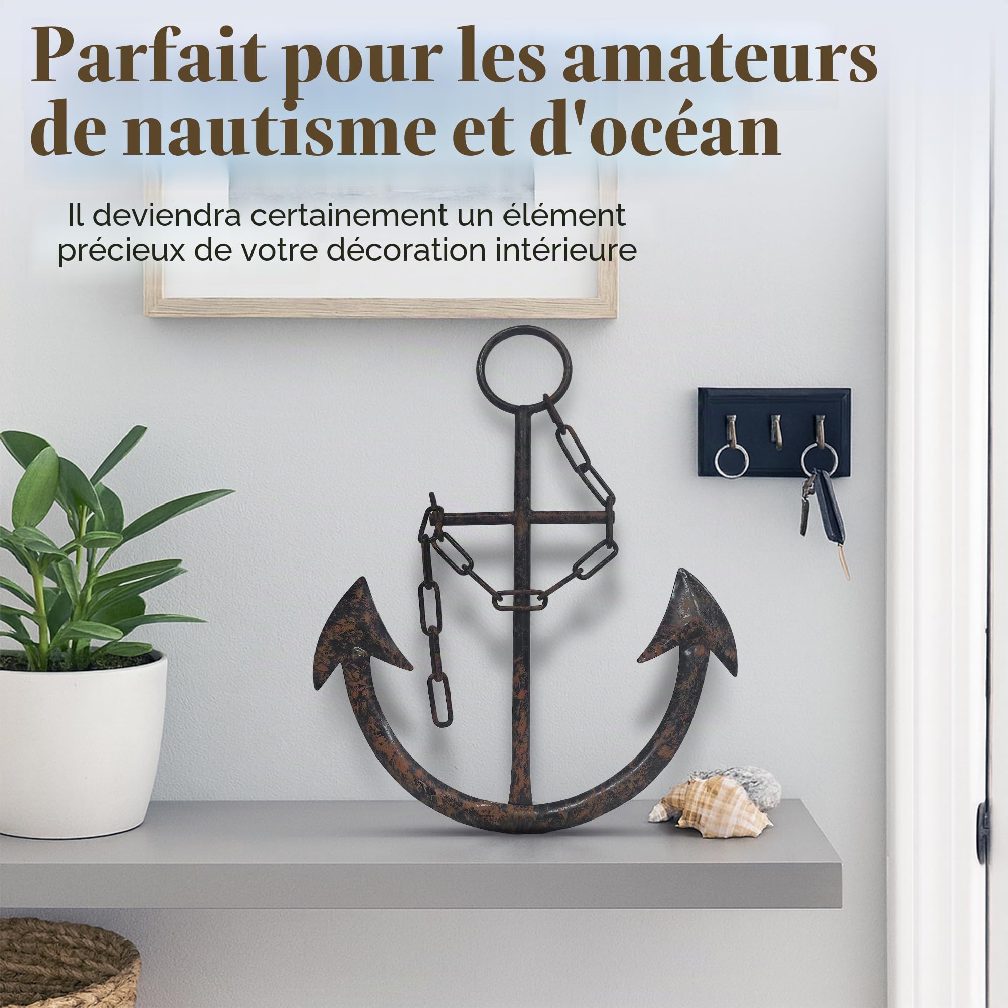 Everydecor Ancre en métal pour décoration murale – Décoration nautique antique pour salon, toilettes, salle de bain, chambre à coucher, cuisine – Ancre de bateau avec chaîne pour intérieur