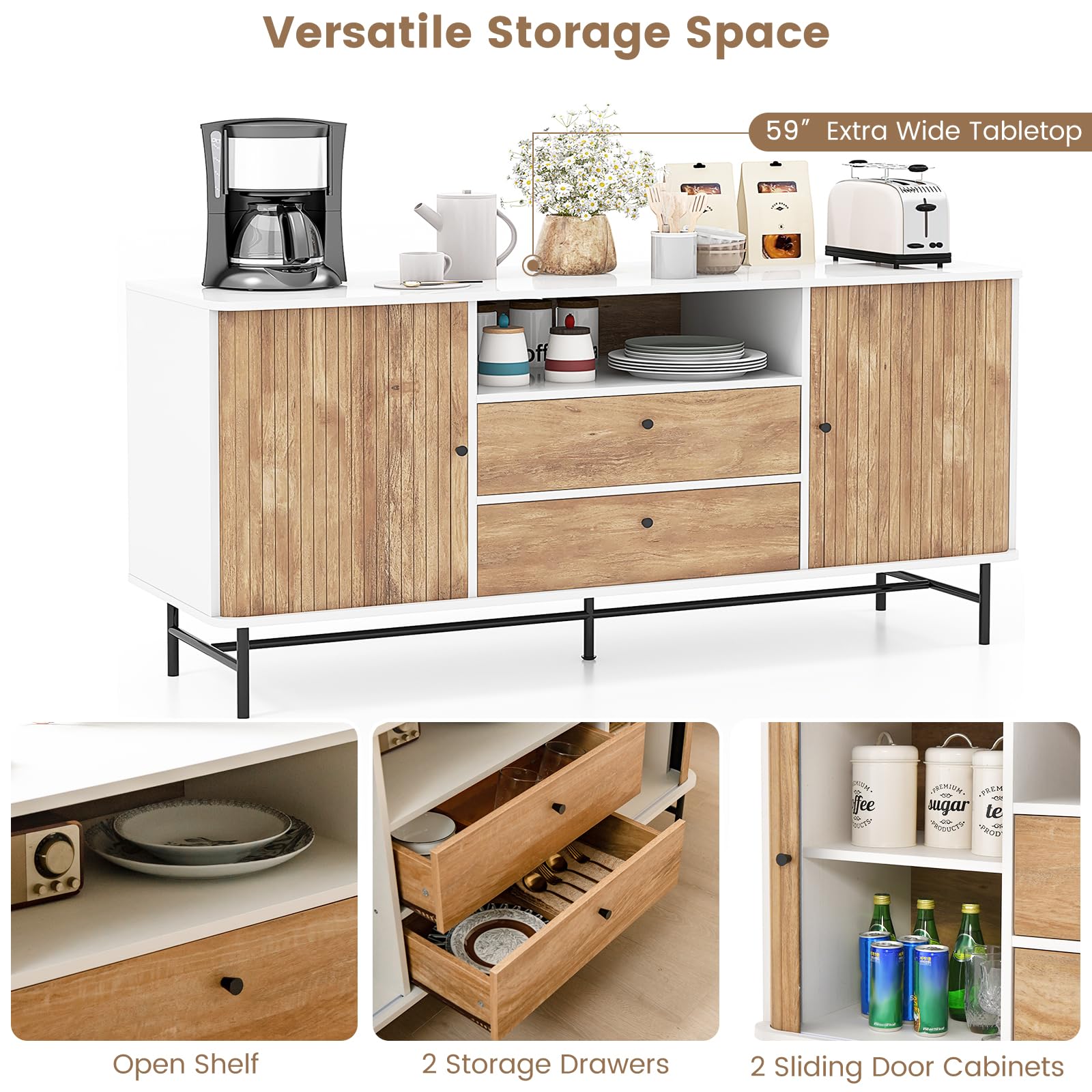 Credenza Cucina HOMCOM Bianca - Con Ante Ammortizzate, 2 Armadietti E Scaffale Aperto, 120x75cm - Foto 10