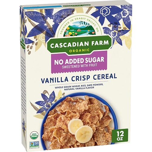 Cascadian Farm Organic Vanilla Crisp Cereal, No Added Sugar, 12 oz | 0g Added Sugar, Sweetened with Dried Date Powder, Vegan, Non-GMO Project Verified, 5g Fiber per Serving