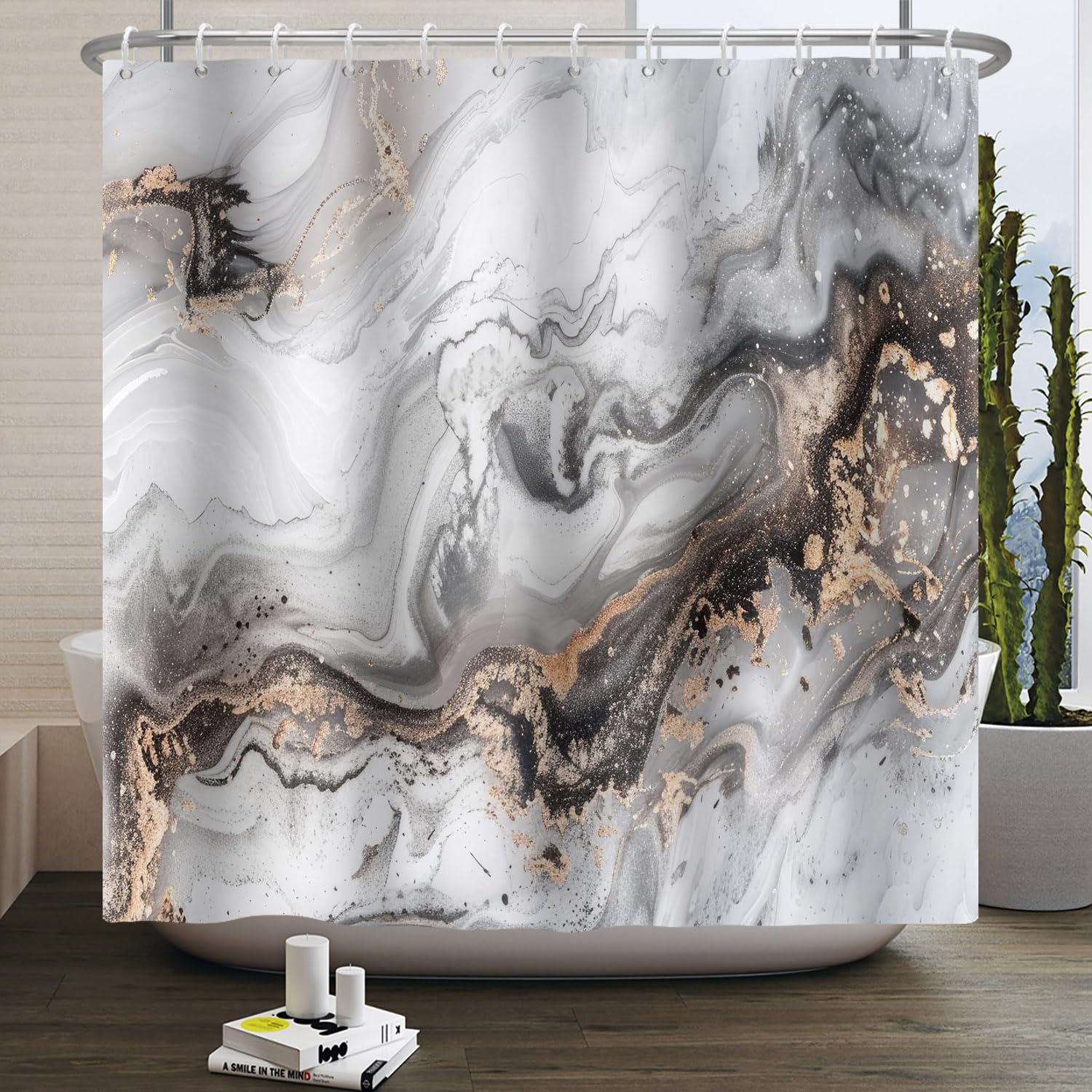 Kzzfqxb 105x160cm Shower Curtains with Plastic Hooks, Waterproof Occluded Grey Black Marble Texture Waterflow Wave Golden Sandflow Modern Pattern for Bath, Polyester Fabric for Bathroom Bathtub — image 1