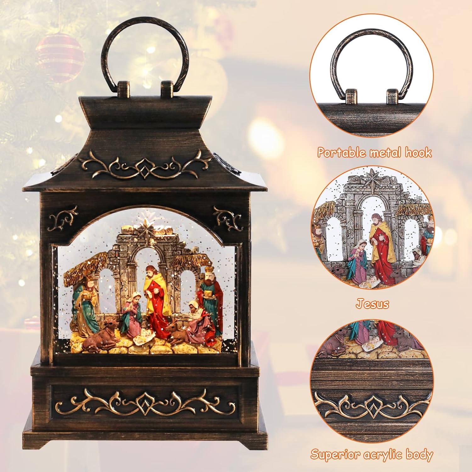 MUMTOP Christmas Nativity Snow Globe Lantern Musical Swirling Glitter Light