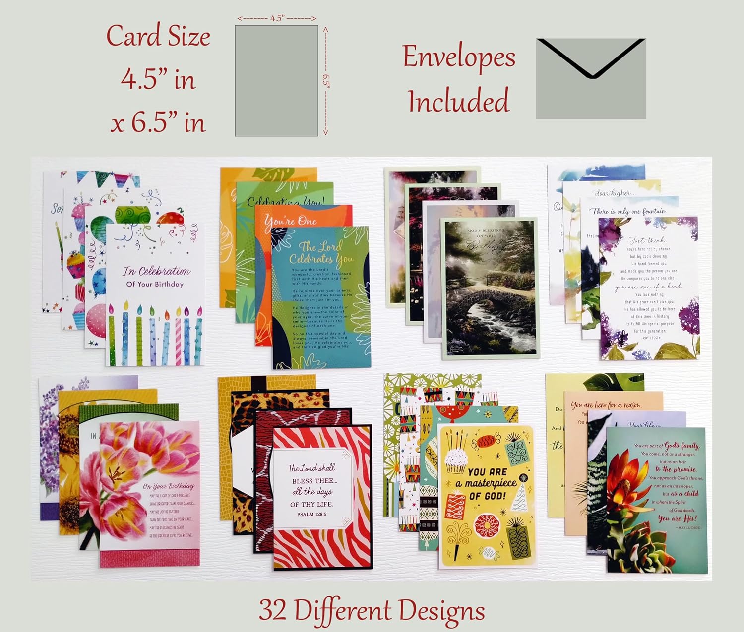 Birthday ~ No Repeated Designs~ 32 Cards and Designs ~ Christian/Religious Greeting Card Assortment #2 ~ Scripture in every card ~ Envelopes Included