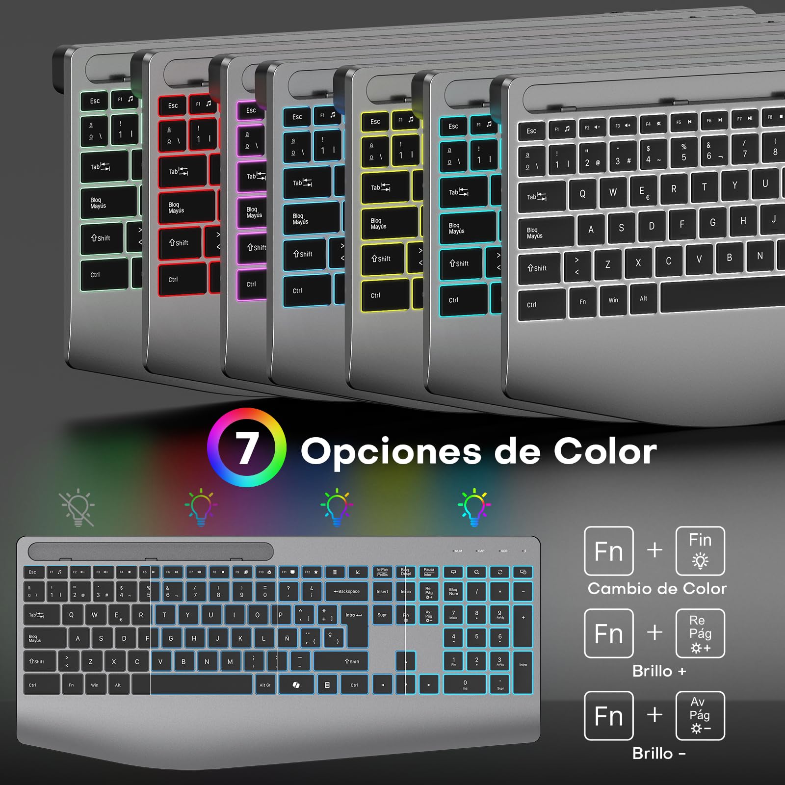 OMOTON Teclado Inalámbrico Ergonómico Reposamuñecas QWERTY Español 2,4G | Recargable, Teclado Silencioso, 7 colores retroiluminación, Soporte móvil, Oficina estudio, para Windows y Linux