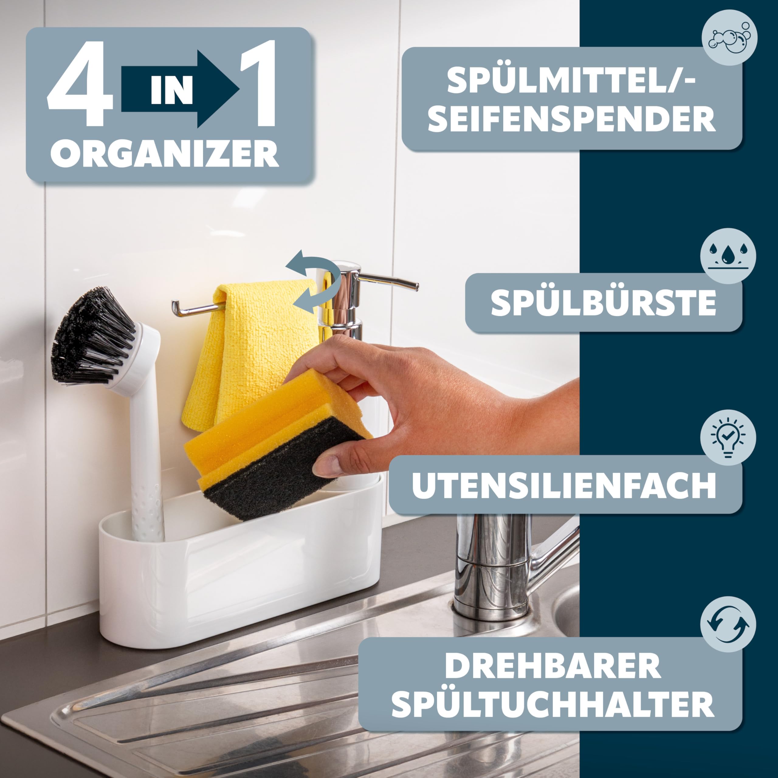 bremermann Spülbecken Organizer für Küche & Bad, Spülutensilienhalter inkl. Seifenspender, Spülbürste mit Bürstenkopf und Spültuchhalter, mit Ersatzbürstenkopf und Pumpe, weiß