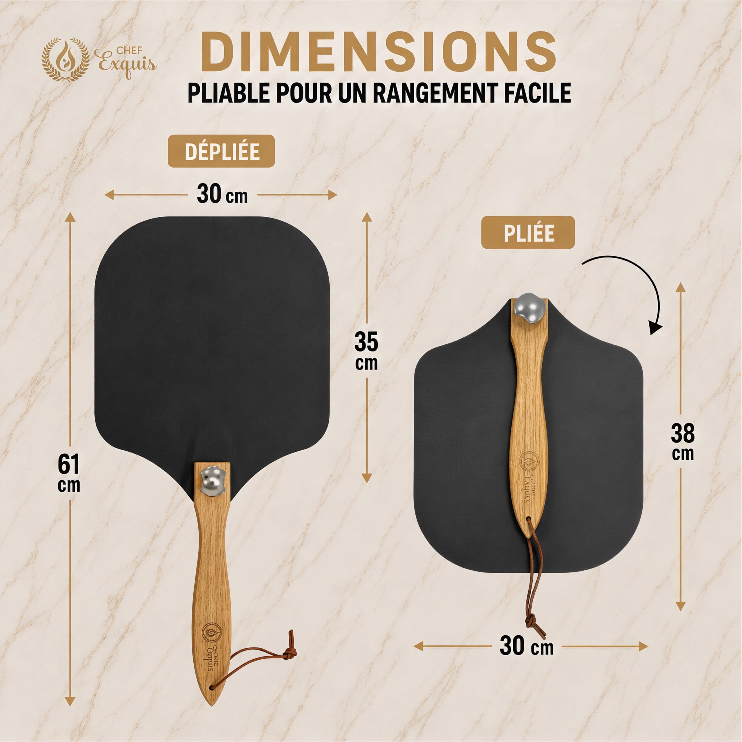 Kit Pelle à Pizza Pliable Noire et Coupe-Pizza Inox | Aluminium, manche en bois, spatule antiadhérente, acier inoxydable, tartes flambées, 30 cm