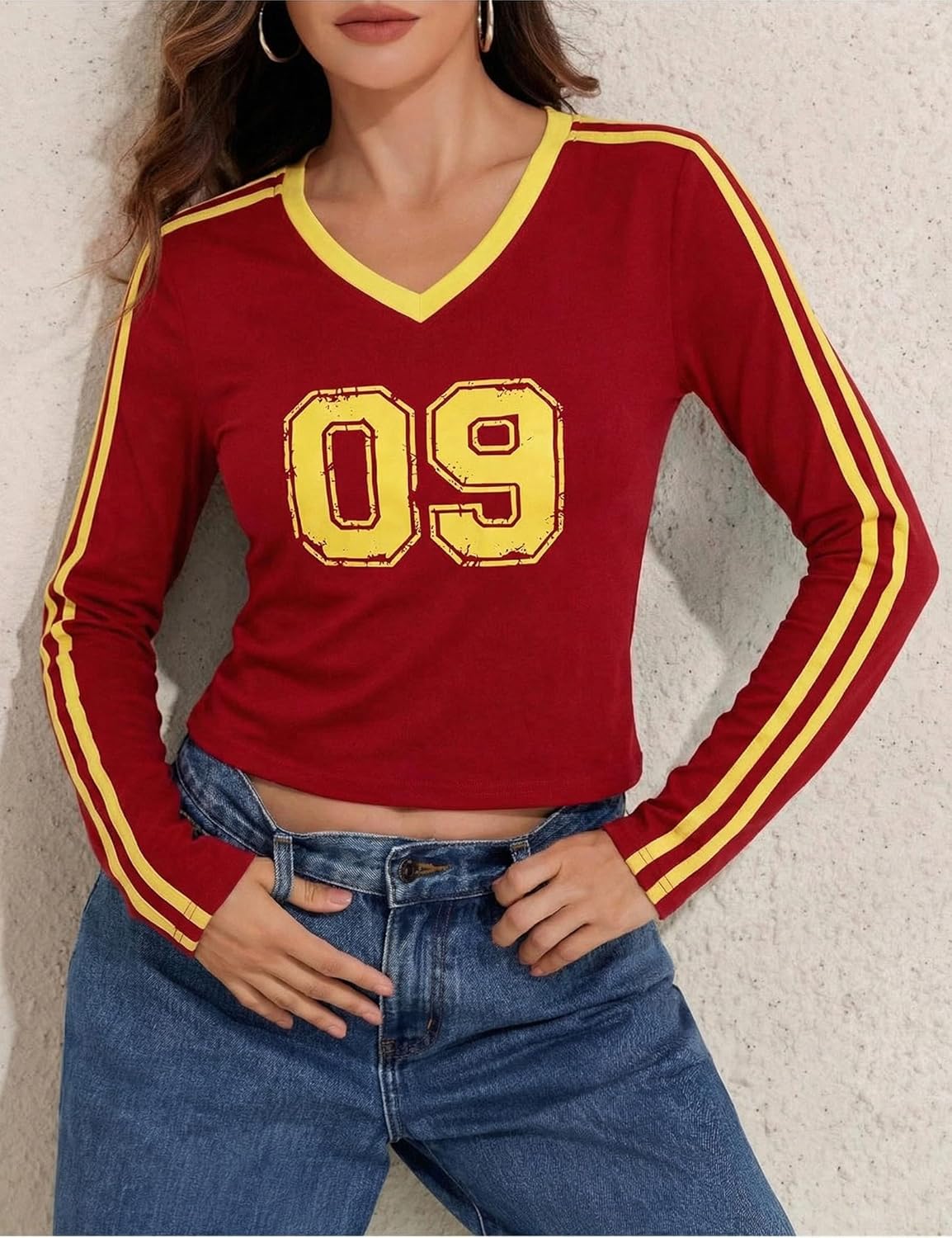 Womens Long Sleeve Shirt Vneck Number Printed Slim Fitted Tops Y2k - Image 3