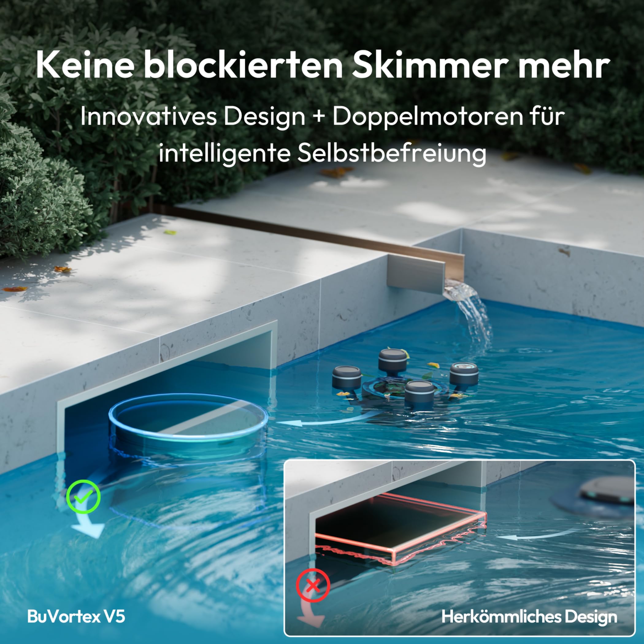 BUBLUE BuVortex V5 Robot de piscine avec contrôle par application, filtre de 5 litres, deux modes de nettoyage, navigation IA, idéal pour piscines enterrées et hors-sol, noir