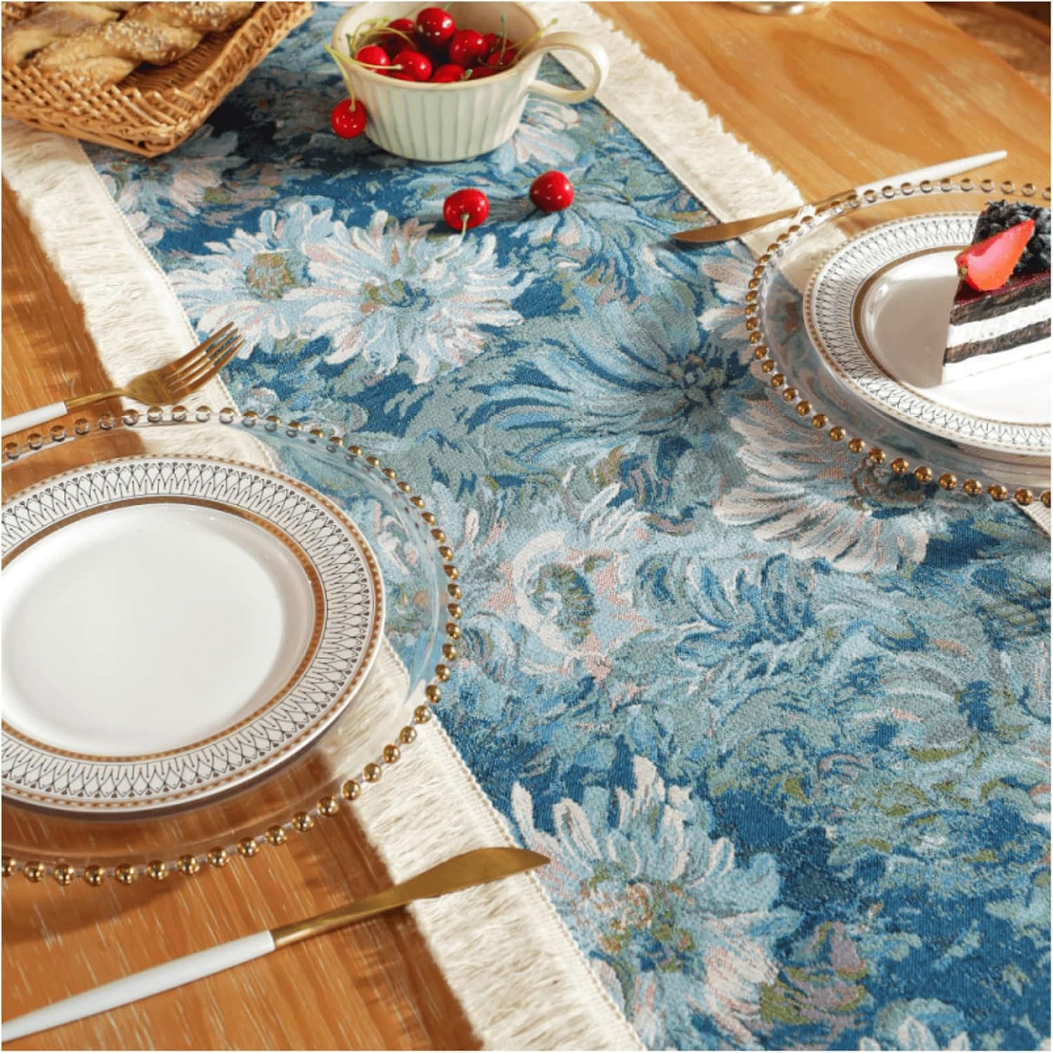 Waindark Blue Floral Table Runner, Macrame Ttable Runners