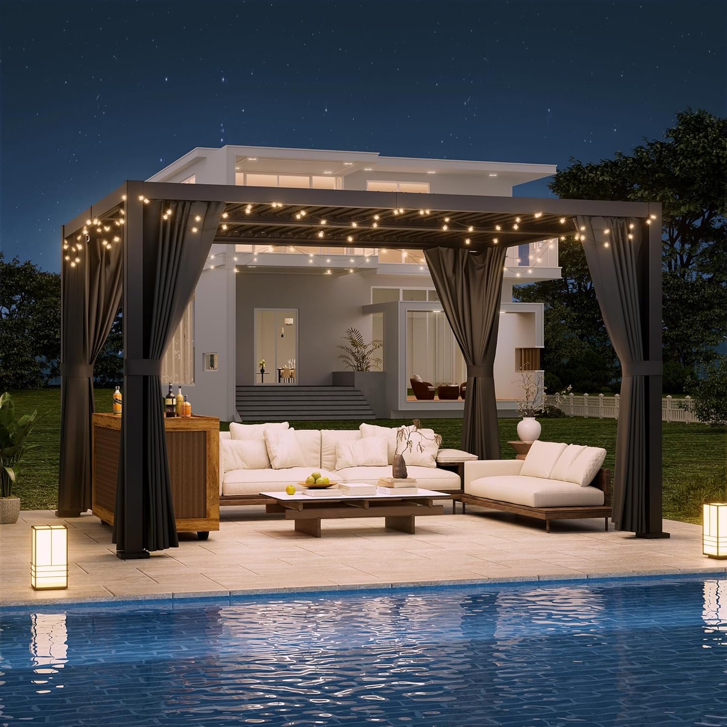 LVUYOYO Outdoor Louvered Pergola 10' x 12', Aluminum Pergola with Adjustable Roof, Waterproof Metal Gazebo with Curtains and Netting for Patio, Backyard, Garden, Deck