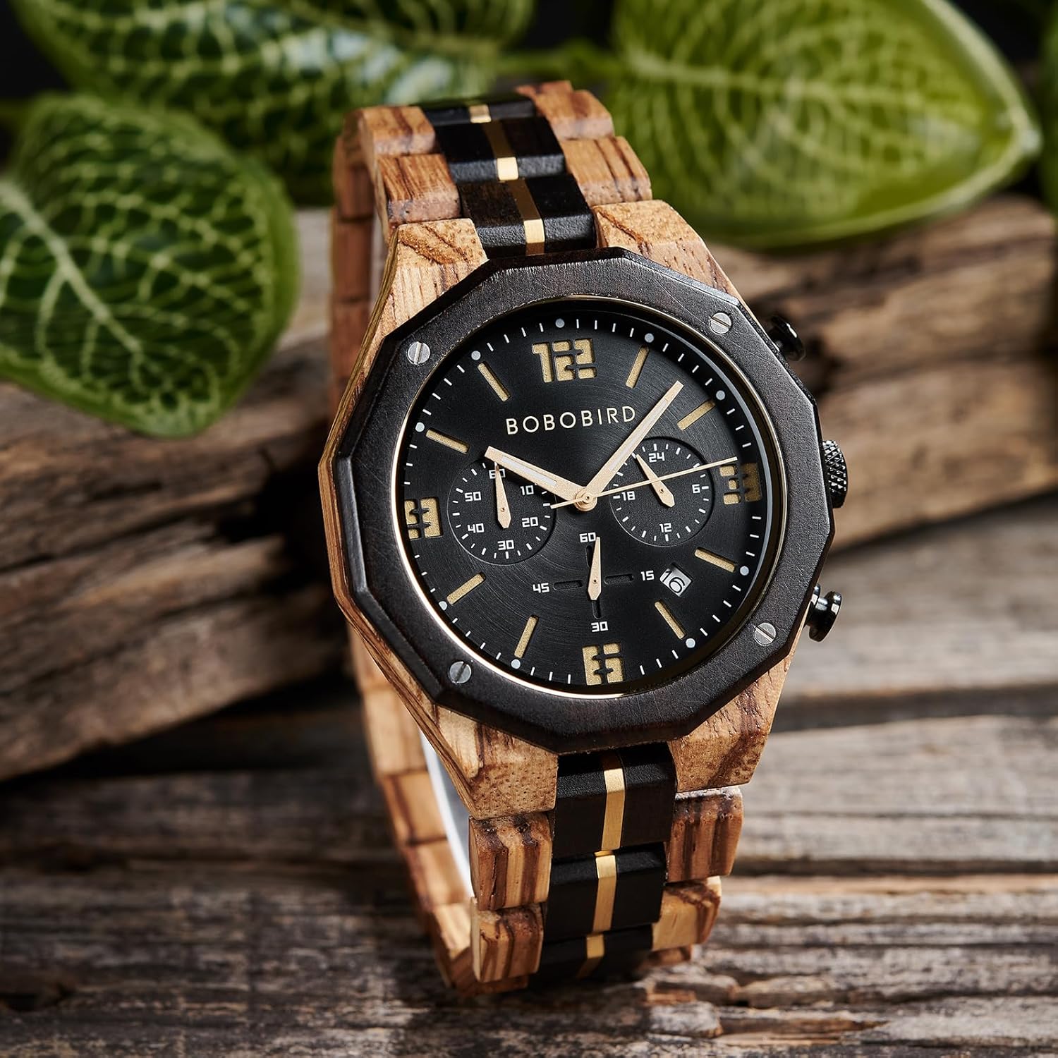BOBO BIRD Men's Wooden Watch Sport Fashion Wristwatch Casual Chronograph Quartz Watches Men's Wood Stainless Steel Strap Watch with Date Display