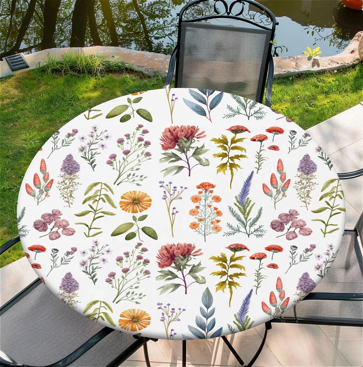 artslion Round Table Cloth with Elastic Edge 60 Inch– Waterproof Non-Woven Fitted Table Cover for Indoor & Outdoor Use – Diverse flowers Patterns Tablecloth Perfect for Dining, Garden & Patio Tables