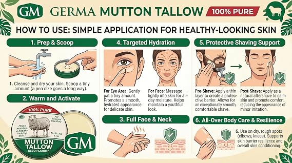 Germa Mutton Tallow Cream - 100% Pure Sebo Flandes Moisturizer for Hands & Sunburn Relief, Adult Skin Care, 0.7oz