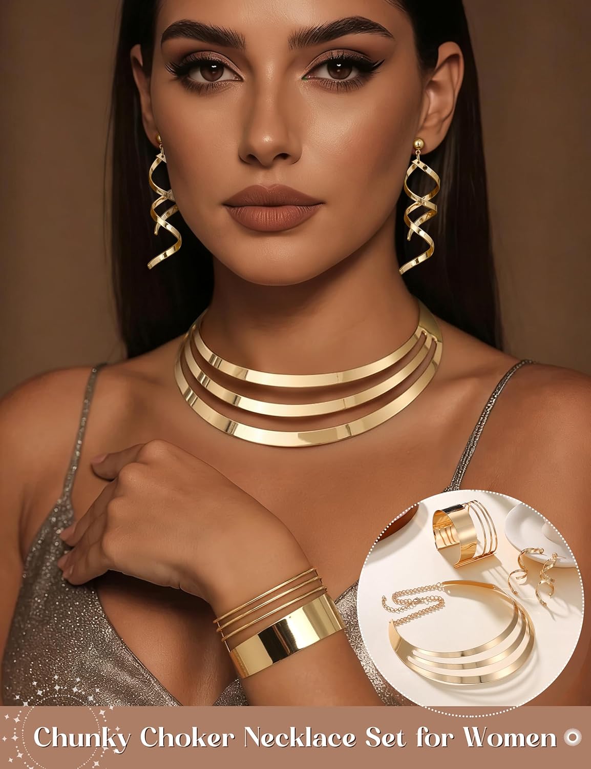 JOERICA Bib Choker Necklace Set for Women Wide Cuff Bangle Bracelets Long Statement Dangle Earrings African Costume Jewelry Set - Image 5