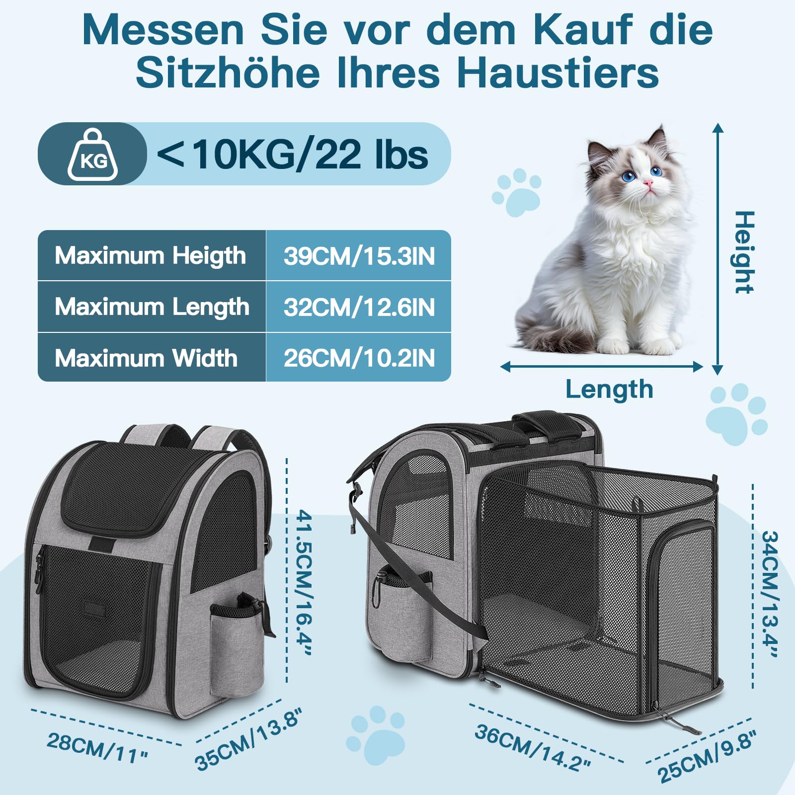 Erweiterbar Hunderucksack bis 10kg, Haustier Rucksack mit Netzfenster, Faltbare Katzenrucksack Hunde Rucksack, Atmungsaktive Cat Dog Backpack mit Innerer Sicherheitsleine und Haustiermatte - Grau