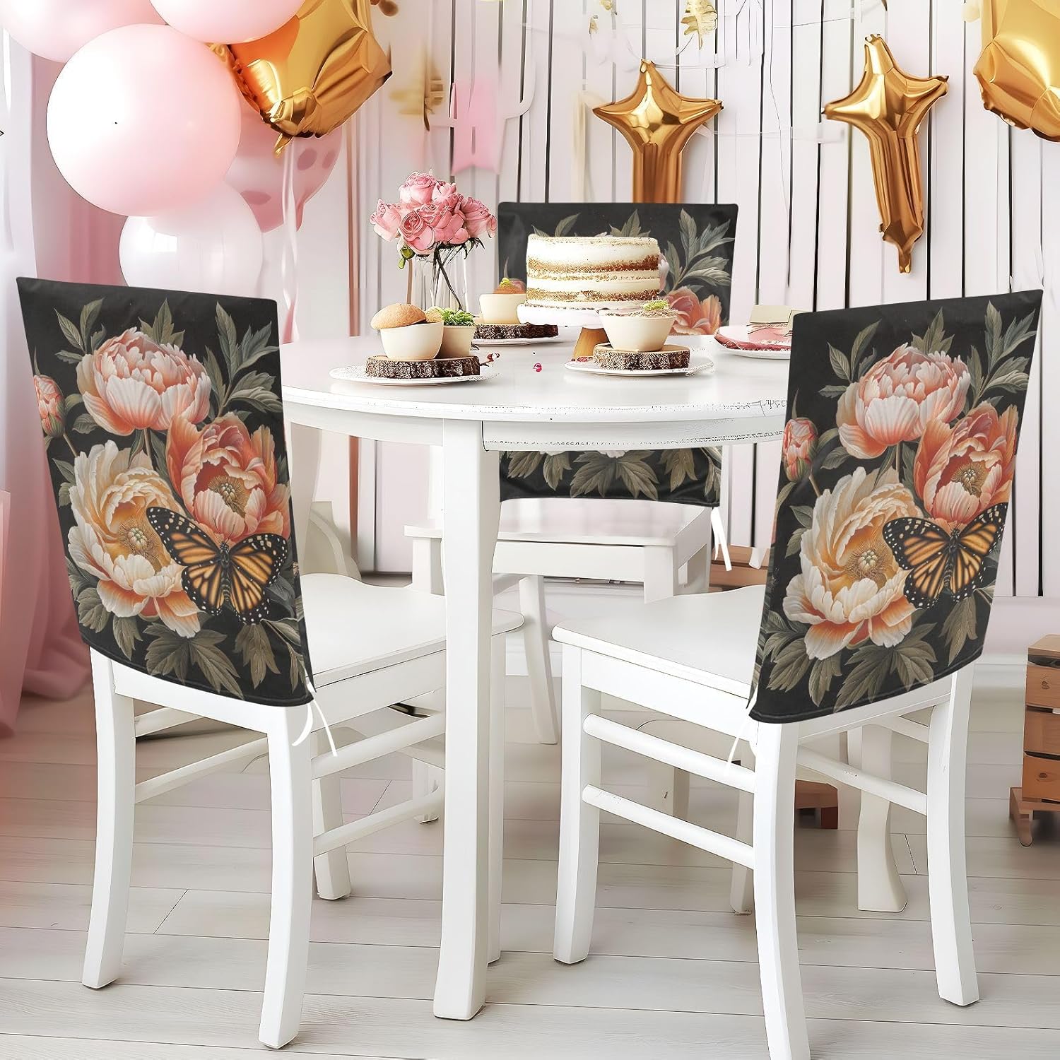 ALAZA Butterfly and Peony Chair Back Cover Set of 6, Washable Reusable Removable Chair Slipcovers Decorative Chair Cover for Home Kitchen Wedding Party