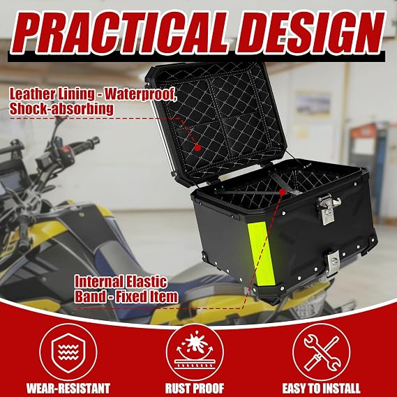 Motorcycle Top Case 55L Universal Aluminum Alloy Motorbike Tail Box Motorcycle Trunk with Leather Lining and Security Lock Waterproof Detachable Motorcycles Top Box Fit for Most Motorcycles
