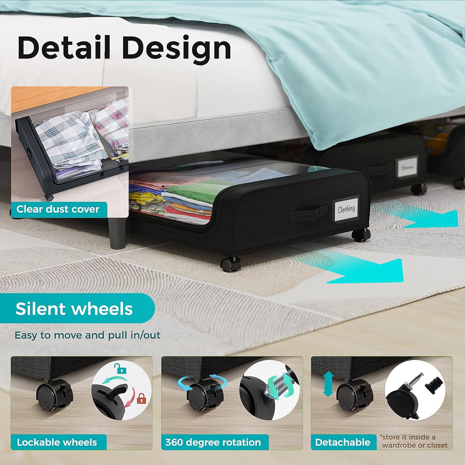 4 Pack Under Bed Storage with Wheels, Under Bed Shoe Storage Organizer with PVC Clear Window, Lids and Label, Under the Bed Storage Containers for Shoe Clothes Toy Book(Black)