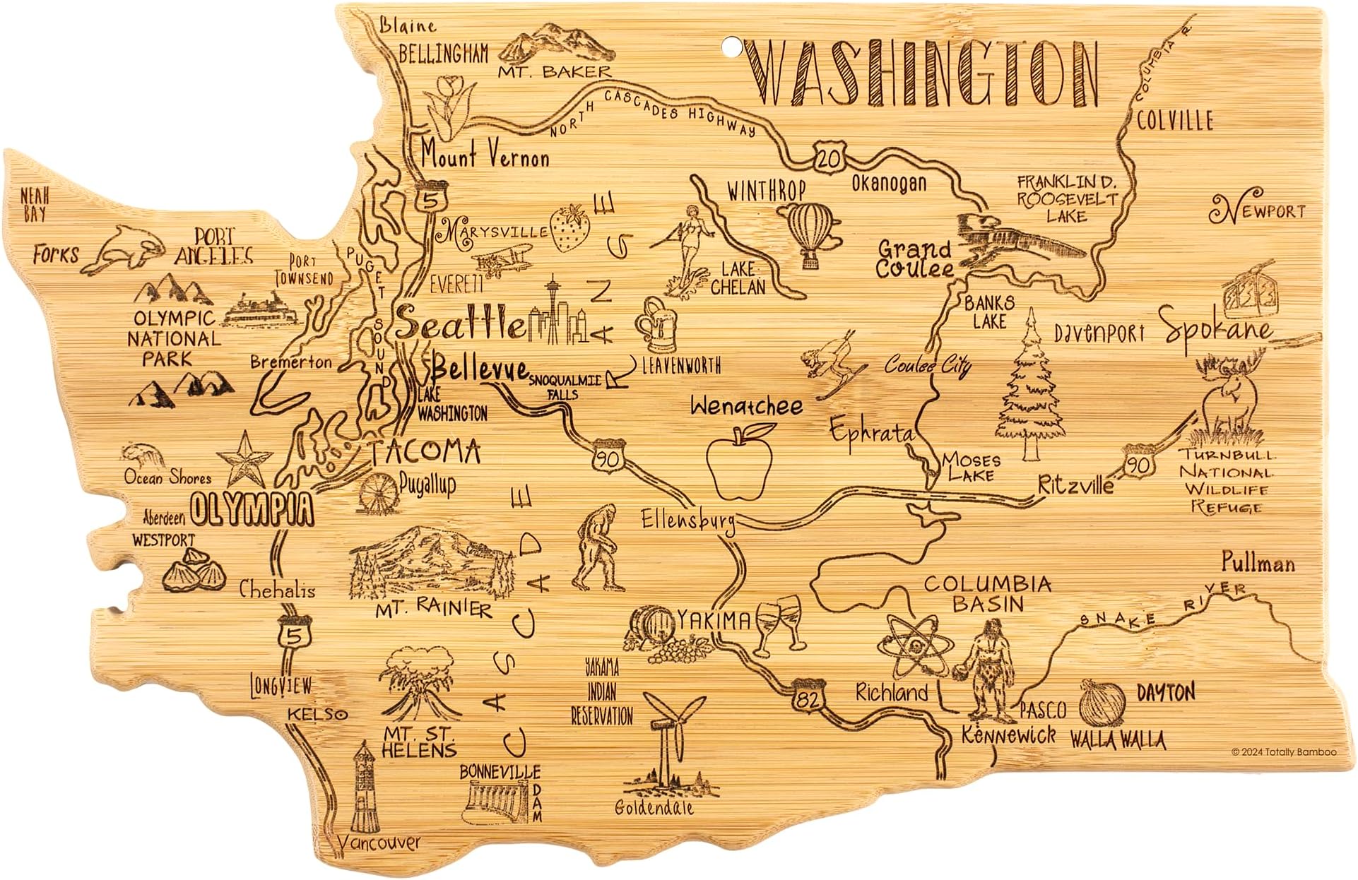 - Destination Washington Shaped Cutting Board – Bamboo Charcuterie and Serving Board with Hang Tie for Wall Display