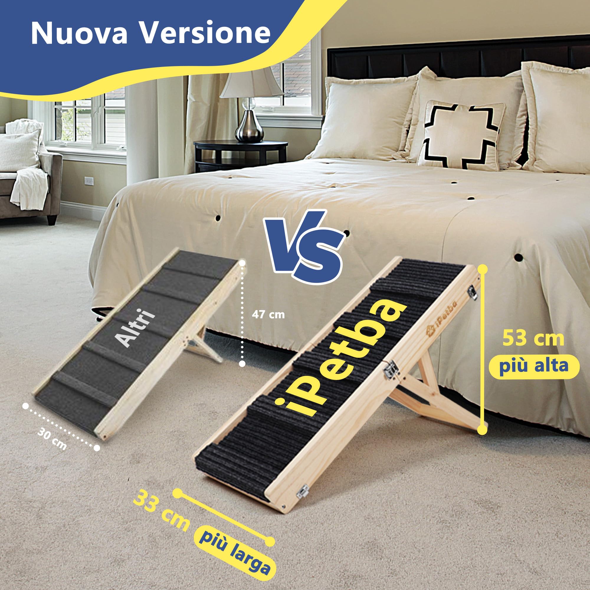 Rampa per Cane per Letto & Divano per Piccoli Cani – Rispetto per le Articolazioni, Antiscivolo, Pieghevole, Regolabile, Portatile, Fino a 16 kg