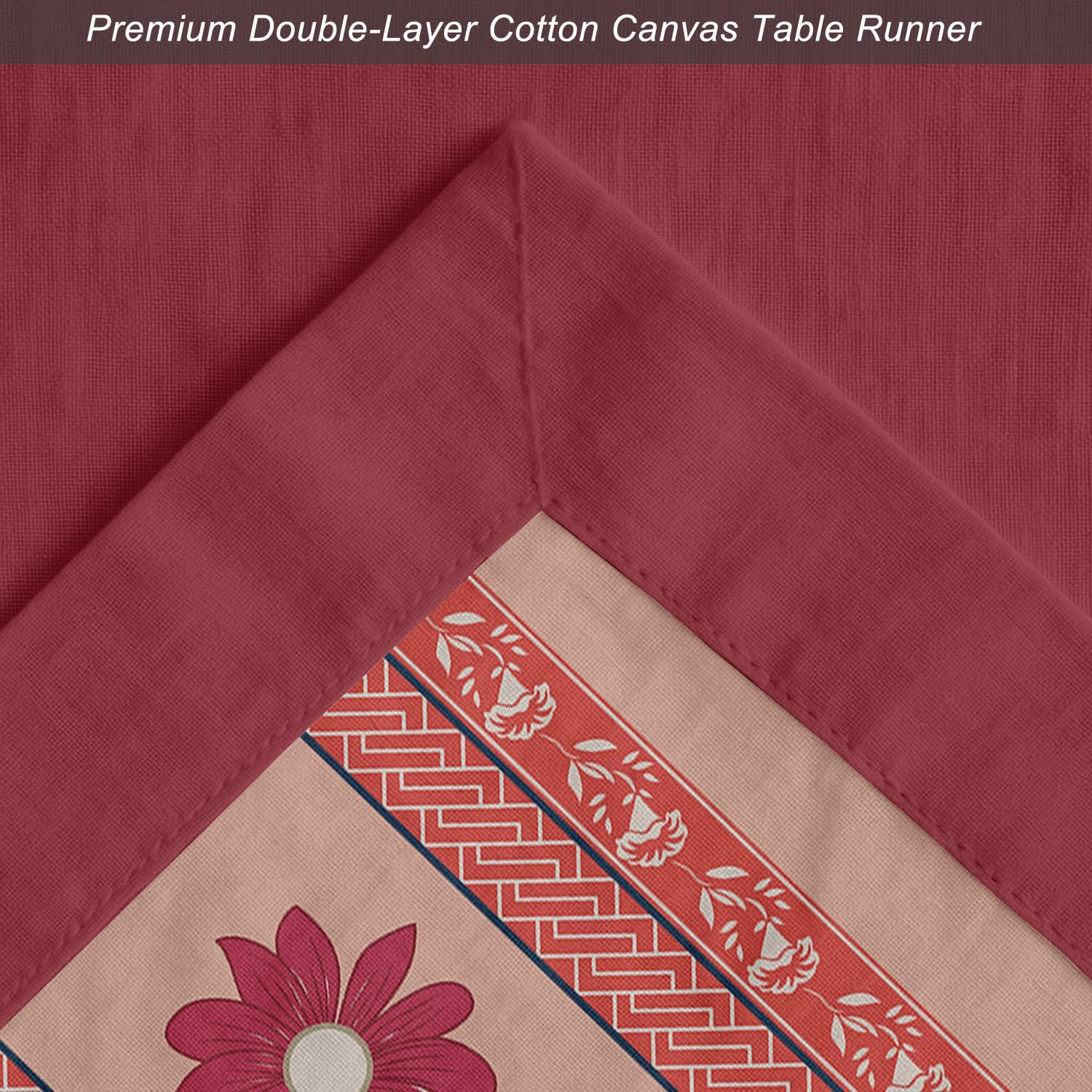 Double Layer Cotton Table Runner with Border - Floral Print, Machine Washable - Dining Table Décor for Farmhouse & Modern Homes