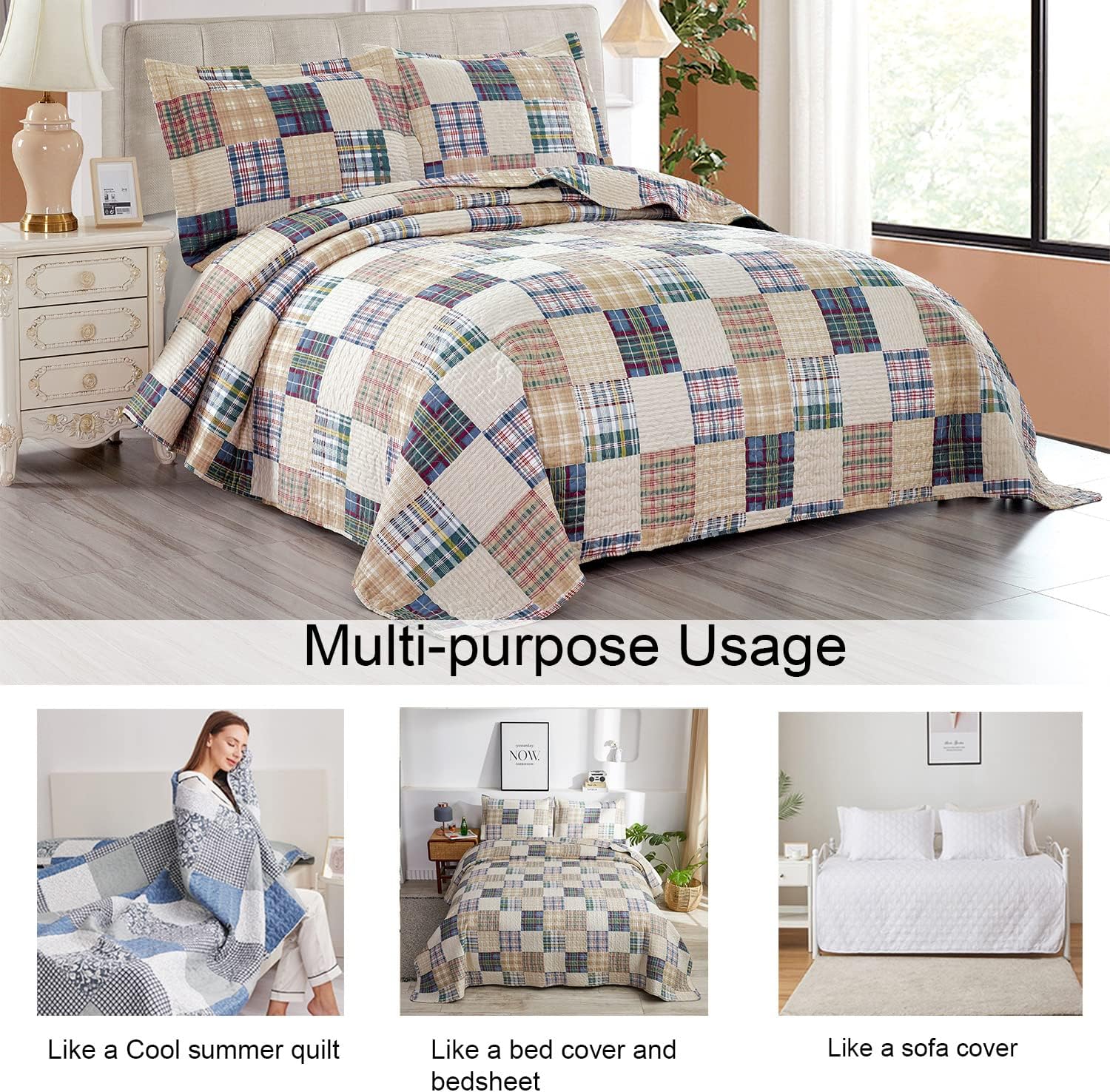 Ycosy Beige Plaid Quilt Set Full/Queen Size Patchwork Quilts Bedding Plaid Reversible Bedspread Coverlet Soft Lightweight Bed Cover Set All Season,1 Quilt 2 Pillow Shams - Image 5