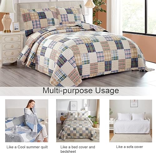 Miniatura 5 de Ycosy Juego de edredón a cuadros beige tamaño matrimonialqueen, colcha reversible a cuadros, suave y ligera, para todas las estaciones, 1 edredón y