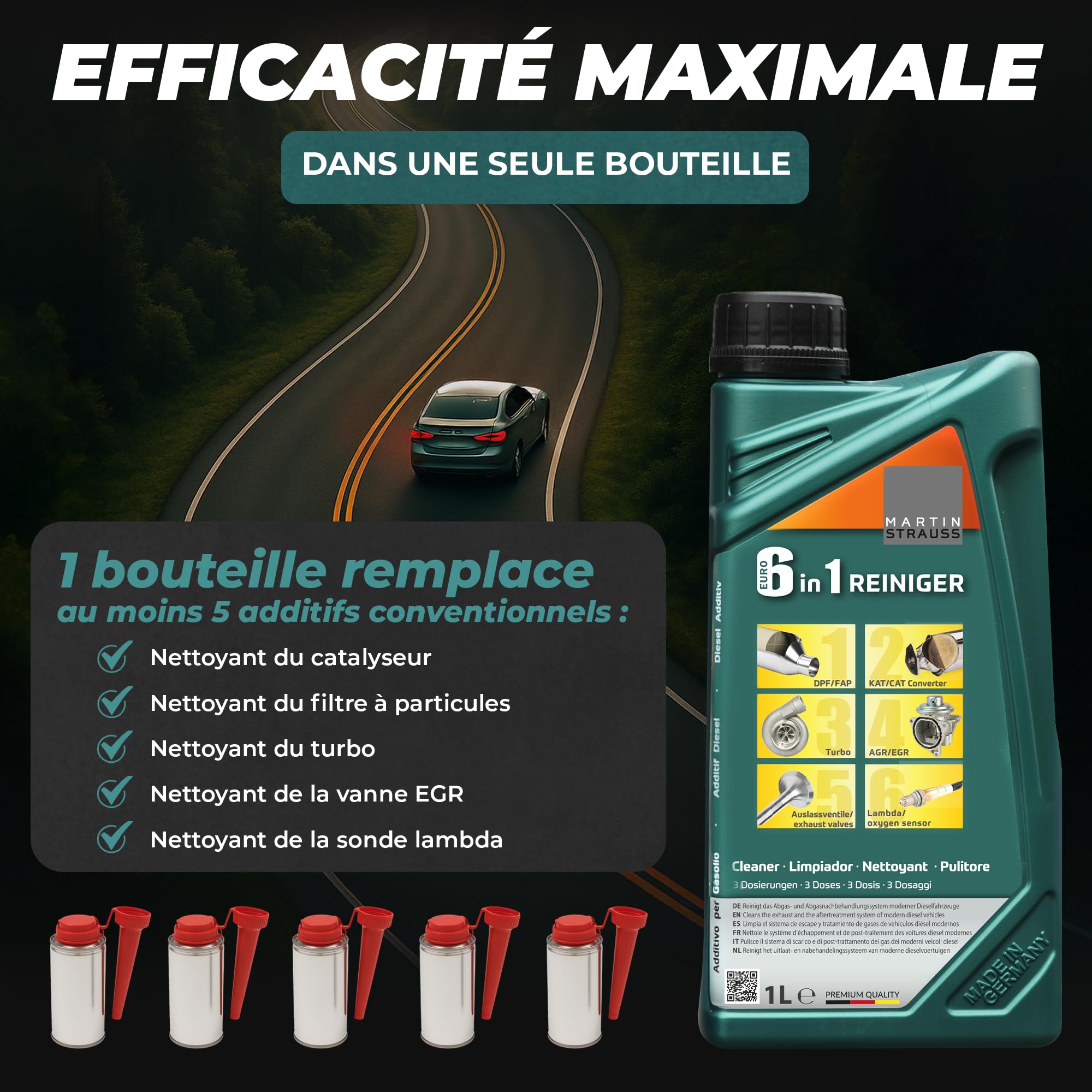 MARTIN STRAUSS Nettoyant Curatif Euro 6 en 1. Décalaminant et Décrassant Système d'échappement et de post traitement des gaz d'échappement diesel : Vanne EGR, Catalyseur, Sonde à Oxygène, Turbo, FAP