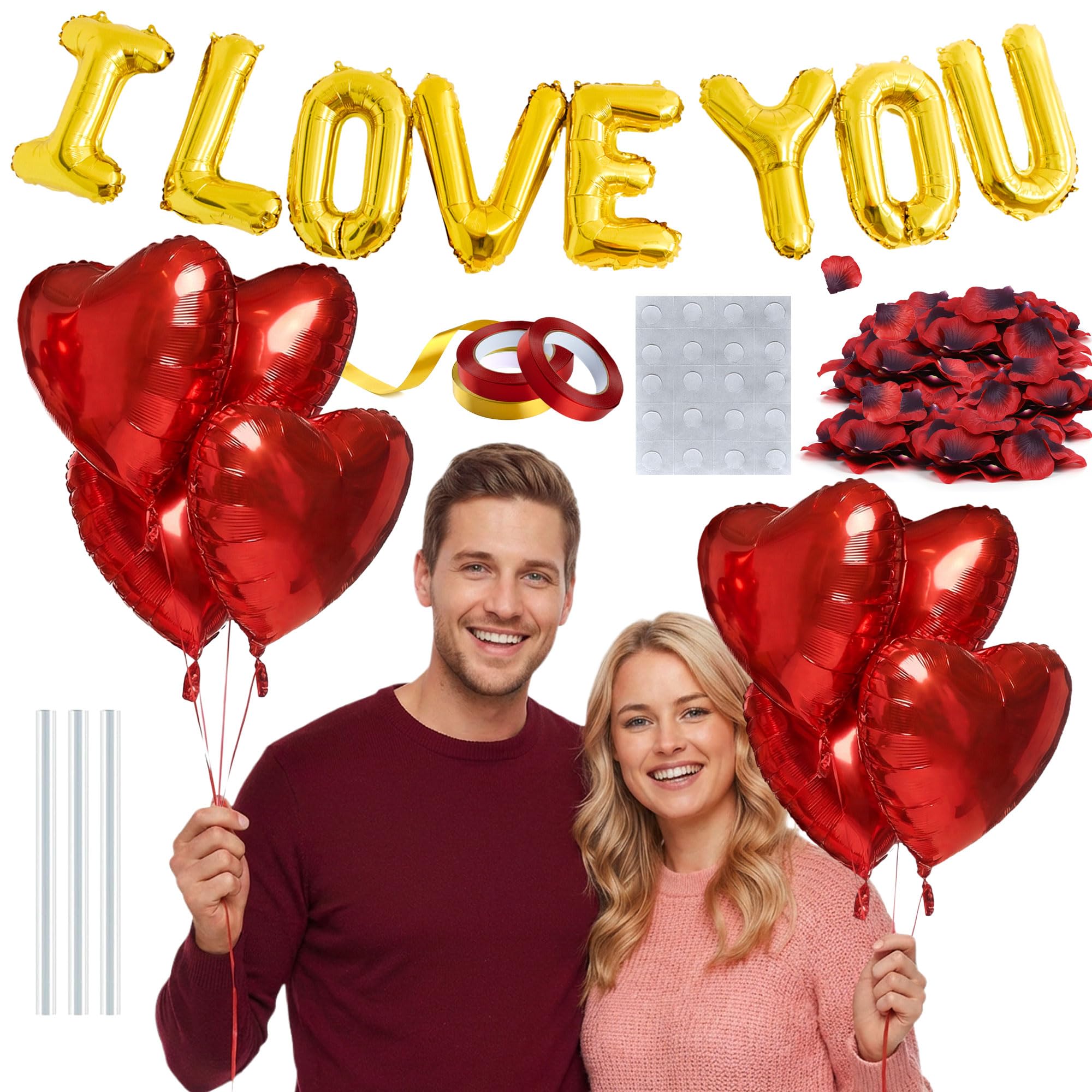 Valentines Decorations Set including Gold I Love You Balloons, 14 Red Heart Balloons and 500 Fake Rose Petals