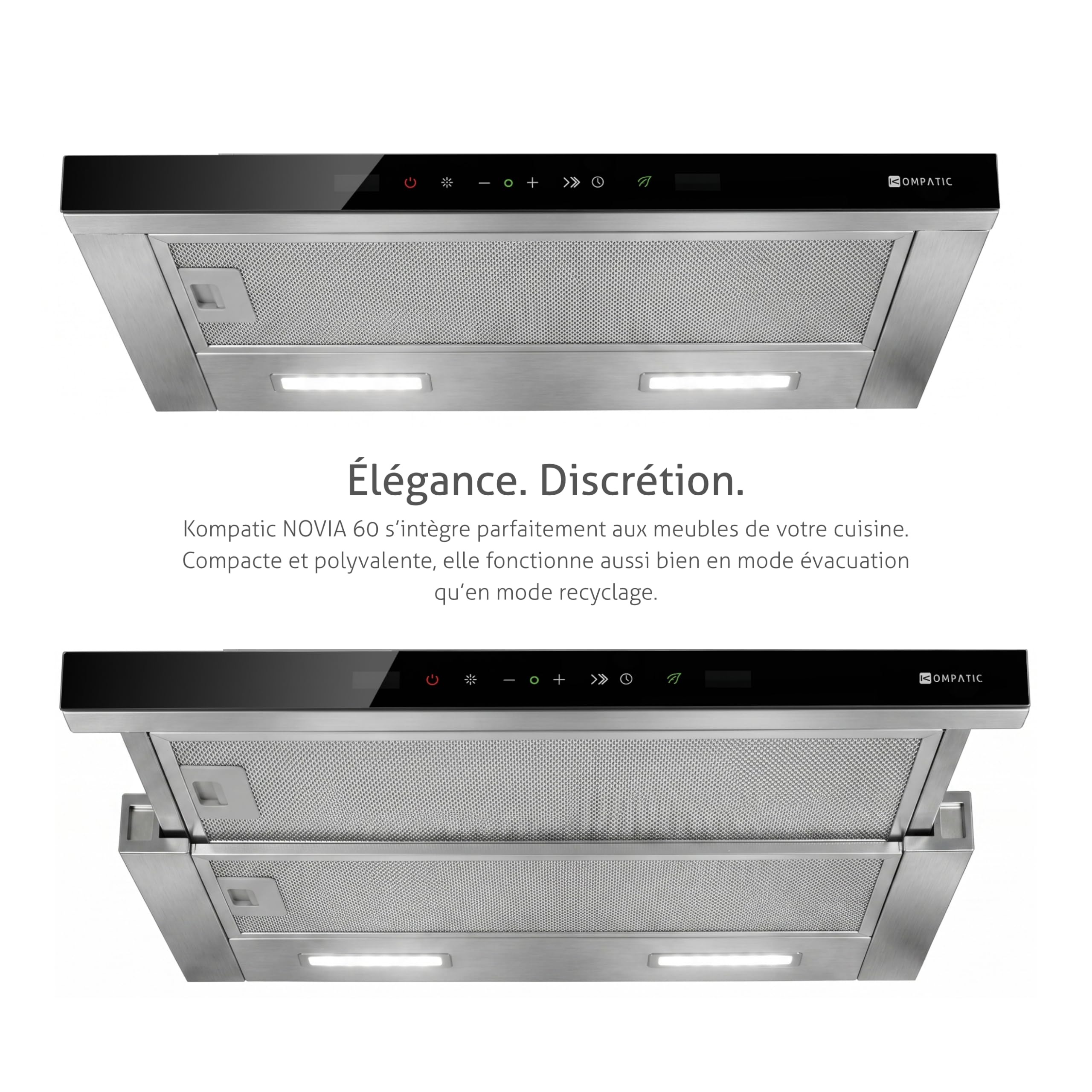 Hotte Télescopique Encastrable Kompatic Novia 60 KNA60TS, Moteur Brushless 800 m³/h, Commande Gestuelle et Tactile, Classe A+++, 3 Vitesses + 2 Boosts, LED, Minuterie, Inox