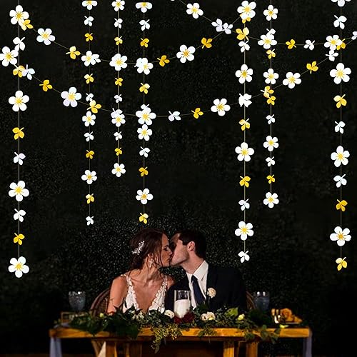 Miniatura 3 de Guirnalda de flores blancas y doradas de 52 pies, color blanco iridiscente dorado metálico, hojas colgantes para primavera, compromiso, boda,