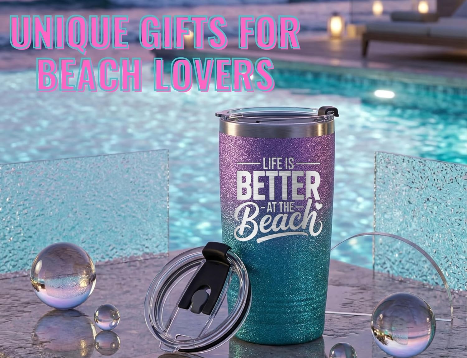 Onebttl Beach Gifts for Women, 20oz Vacuum Insulated Stainless Steel Travel Mug with Lid for Beach Lovers, Glitter Blue and Purple, Better
