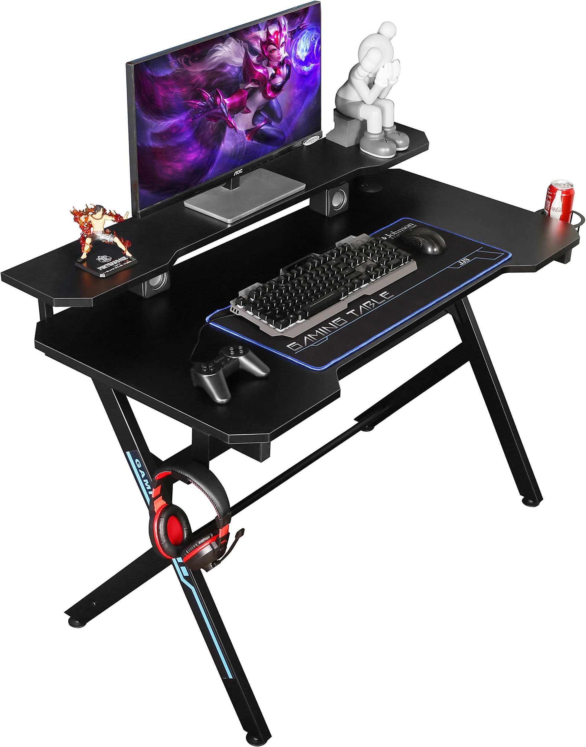 JJS 48" Home Office Gaming Computer Desk with Removable Monitor Stand, R Shaped Large Gamer Workstation PC Table with Cup Holder Headphone Hook Speaker Storage Free Mouse pad, Black