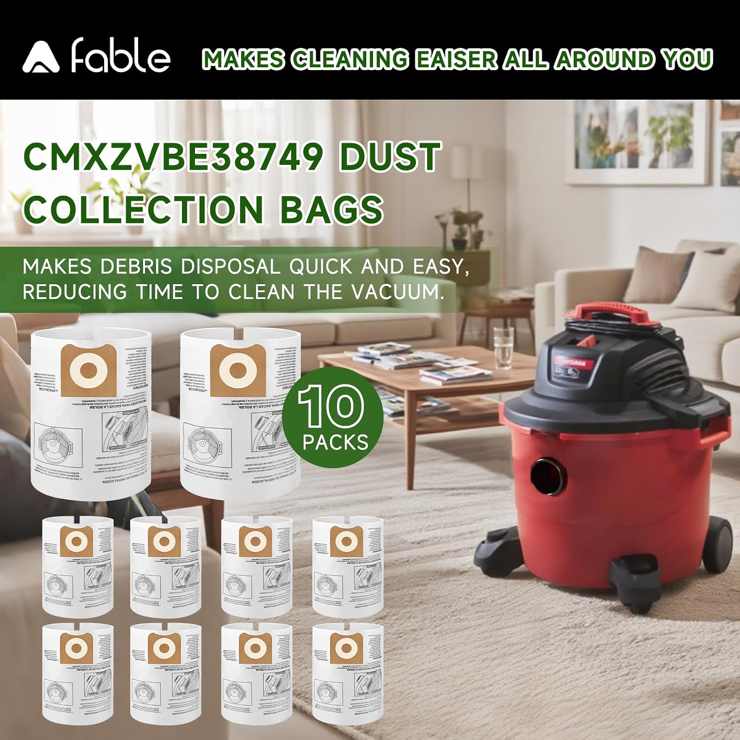10 Packs A Fable 16 and 20 Gallon Wet/Dry Vacuum Collection Bags replace for Craftsman 、rriged shop vec CMXZVBE38749, Universal Vacuum Filter Bags