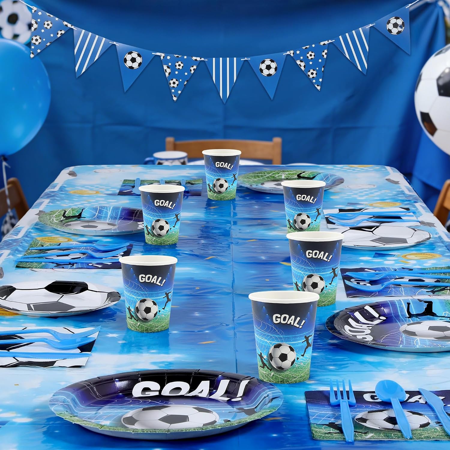 Kochorie 170 Pieces Soccer Birthday Party Decorations Soccer Paper Plates Napkins Cups Cutlery Tablecloth Triangle Flags Banner for Sports Themed Birthday Party Supplies, Serve 24 Guests