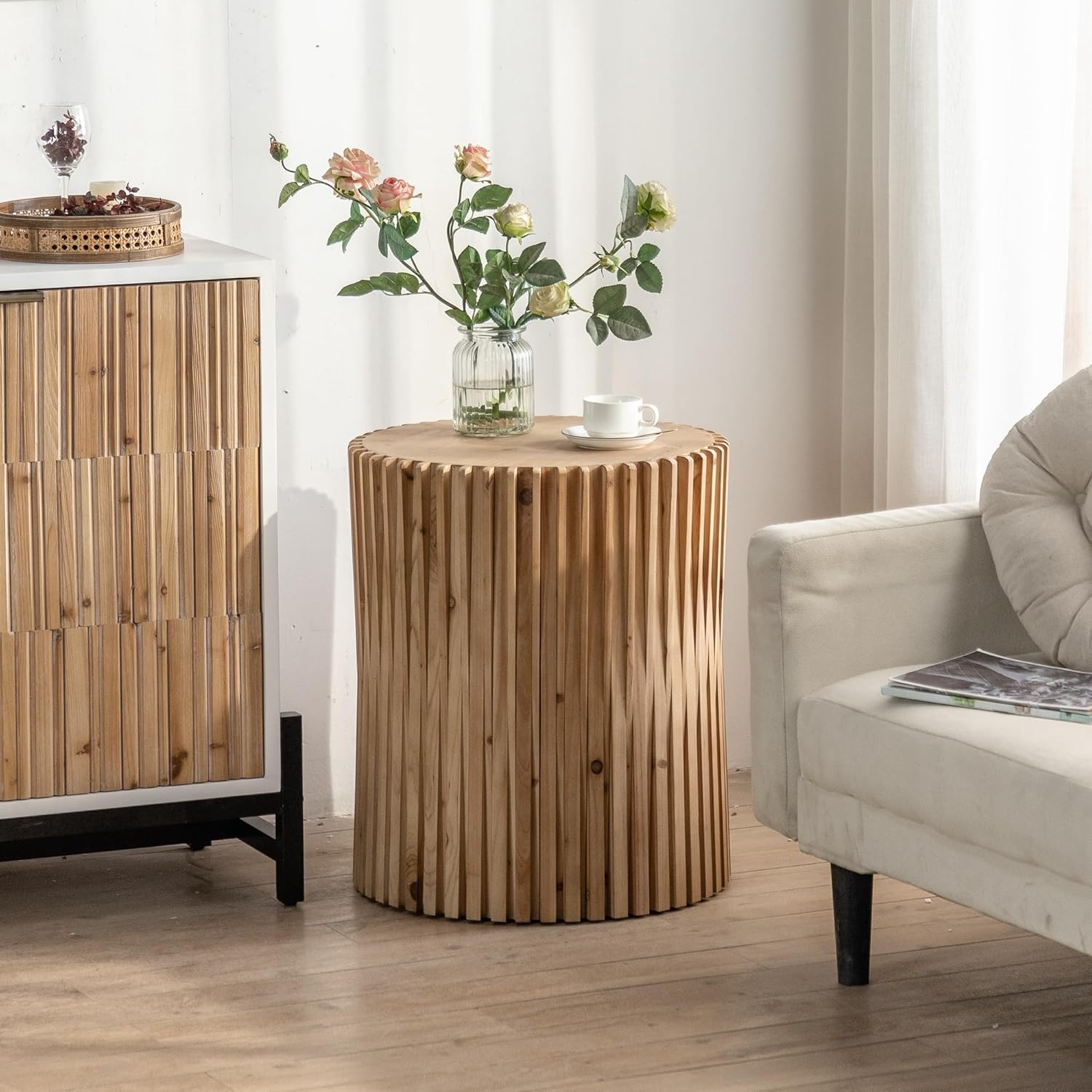 Wooden End Table Round Side Table with Fluted Bedside Table and Nightstand for Living Room and Bedroom