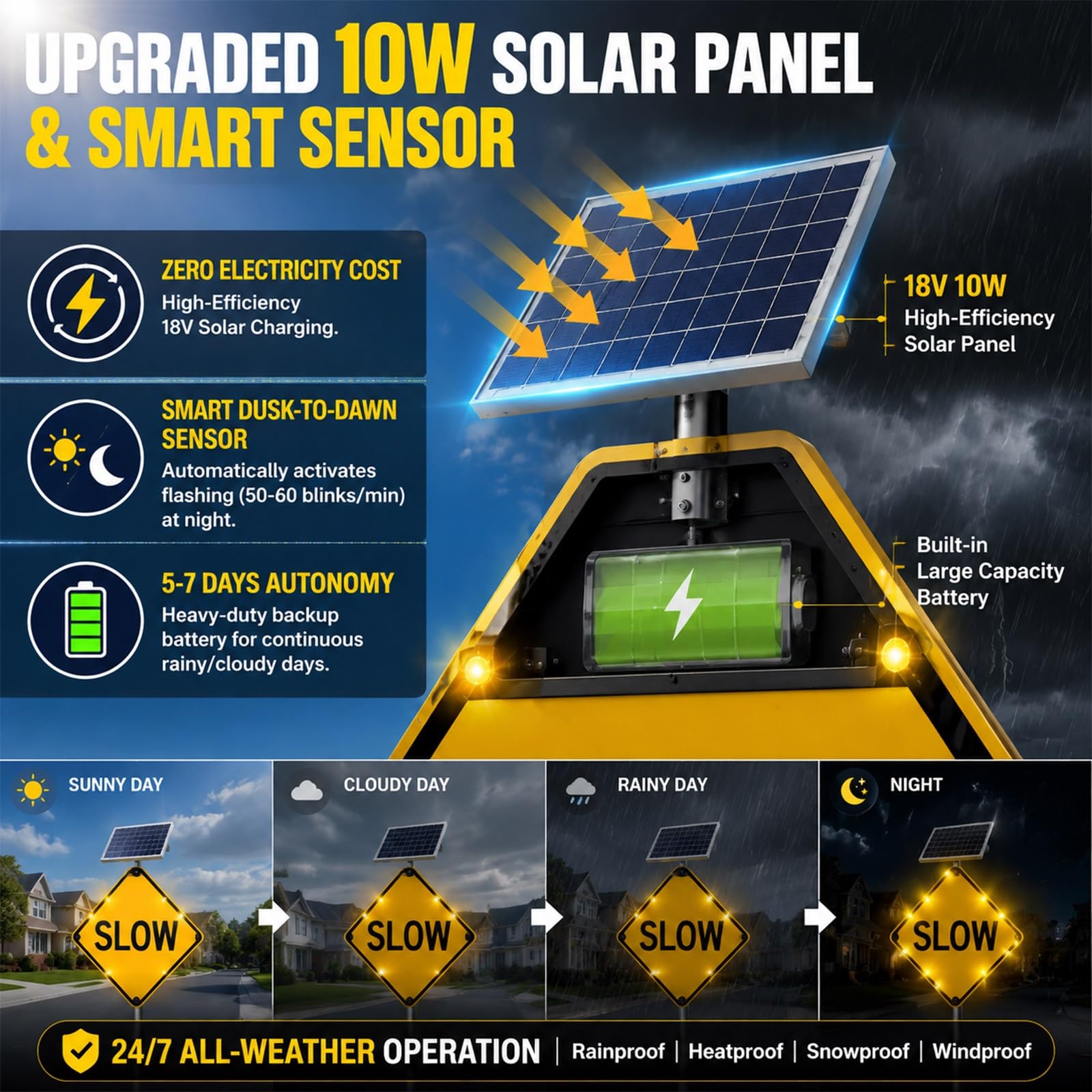 24" & 32" Cartel Letrero Ralentizar Solar LED, 18V 10W Panel Señal Vial IP65 Impermeable, Sensor Crepuscular Autorreflectante para Administrador de Fincas